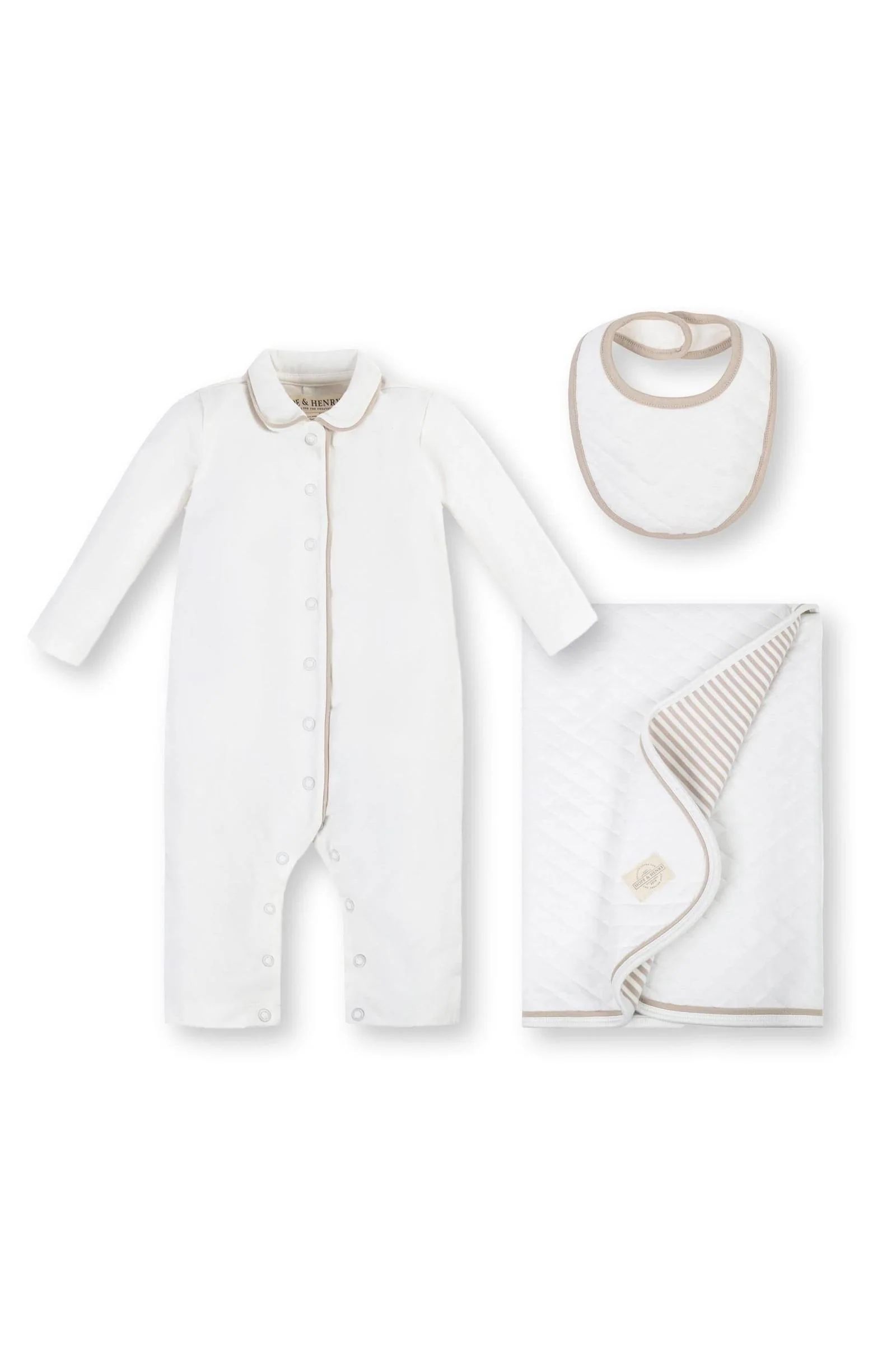 Hope & Henry 3-Piece Organic Cotton Knit Gift Set for Babies, White & Taupe, 0-12M - Image 2