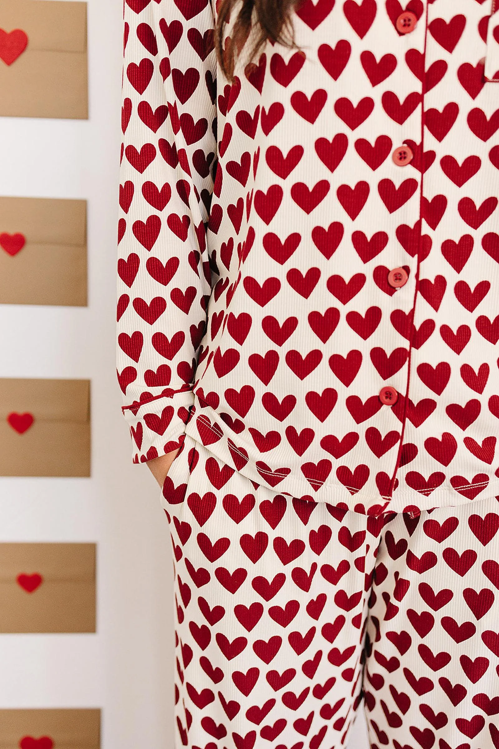 Bamboo Hearts Pajama Set, Red, Adult, Family Matching Outfits - Image 3