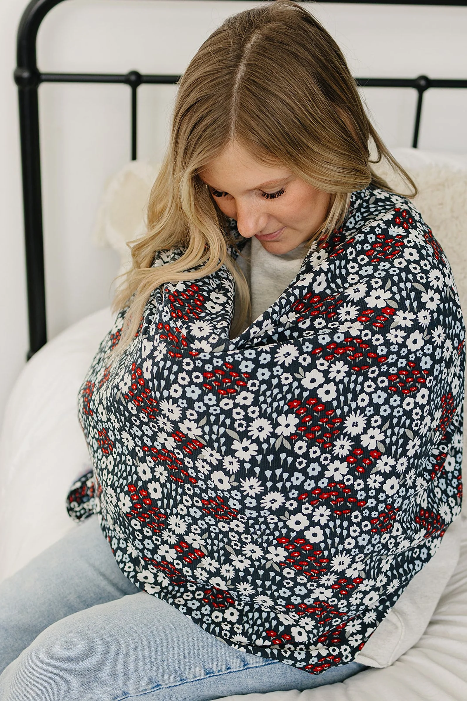 Mebie Baby Americana Floral Ribbed Multi-Use, Bamboo, Car Seat & Nursing Cover, Baby