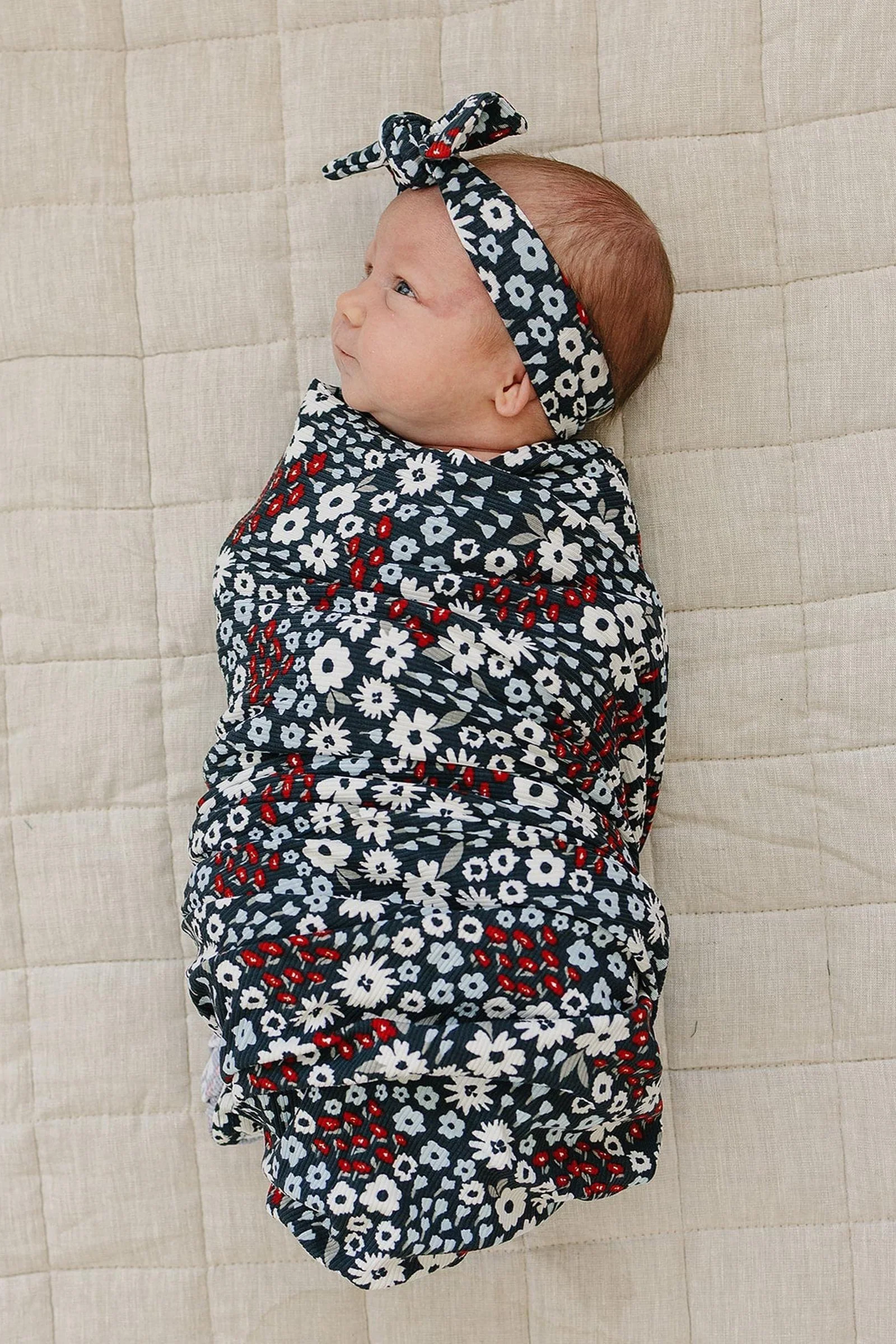 Mebie Baby Americana Floral Ribbed Stretch Swaddle Blanket, Bamboo, Baby Essentials