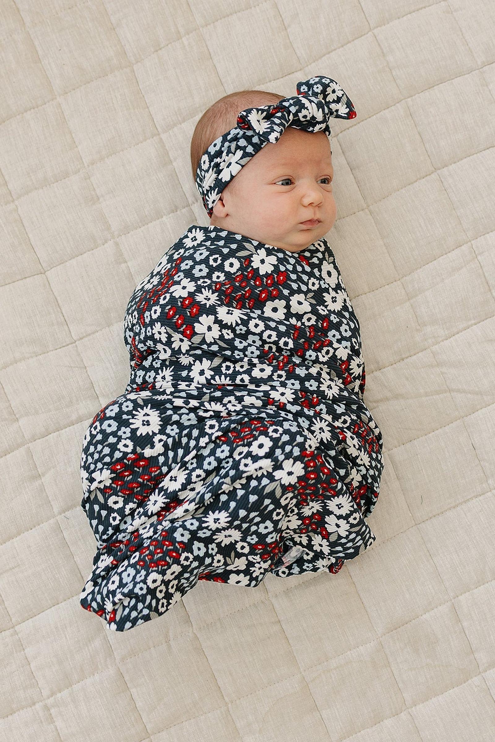 Mebie Baby Americana Floral Ribbed Stretch Swaddle Blanket, Bamboo, Baby Essentials - Image 3
