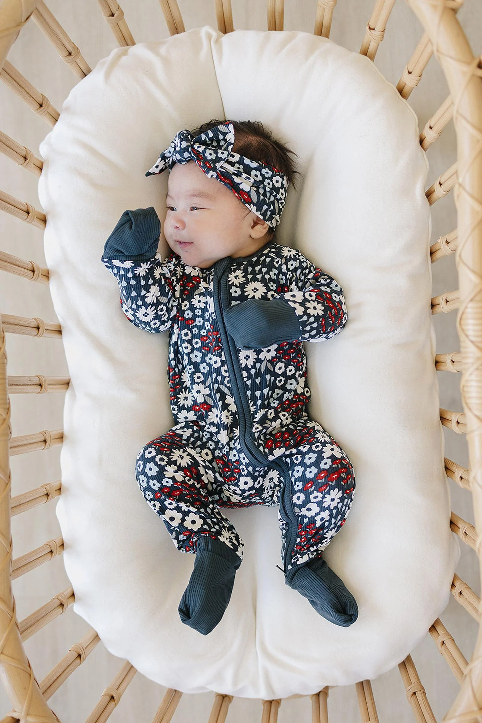 Mebie Baby Americana Floral Ribbed Zipper Pajama, Bamboo, Baby