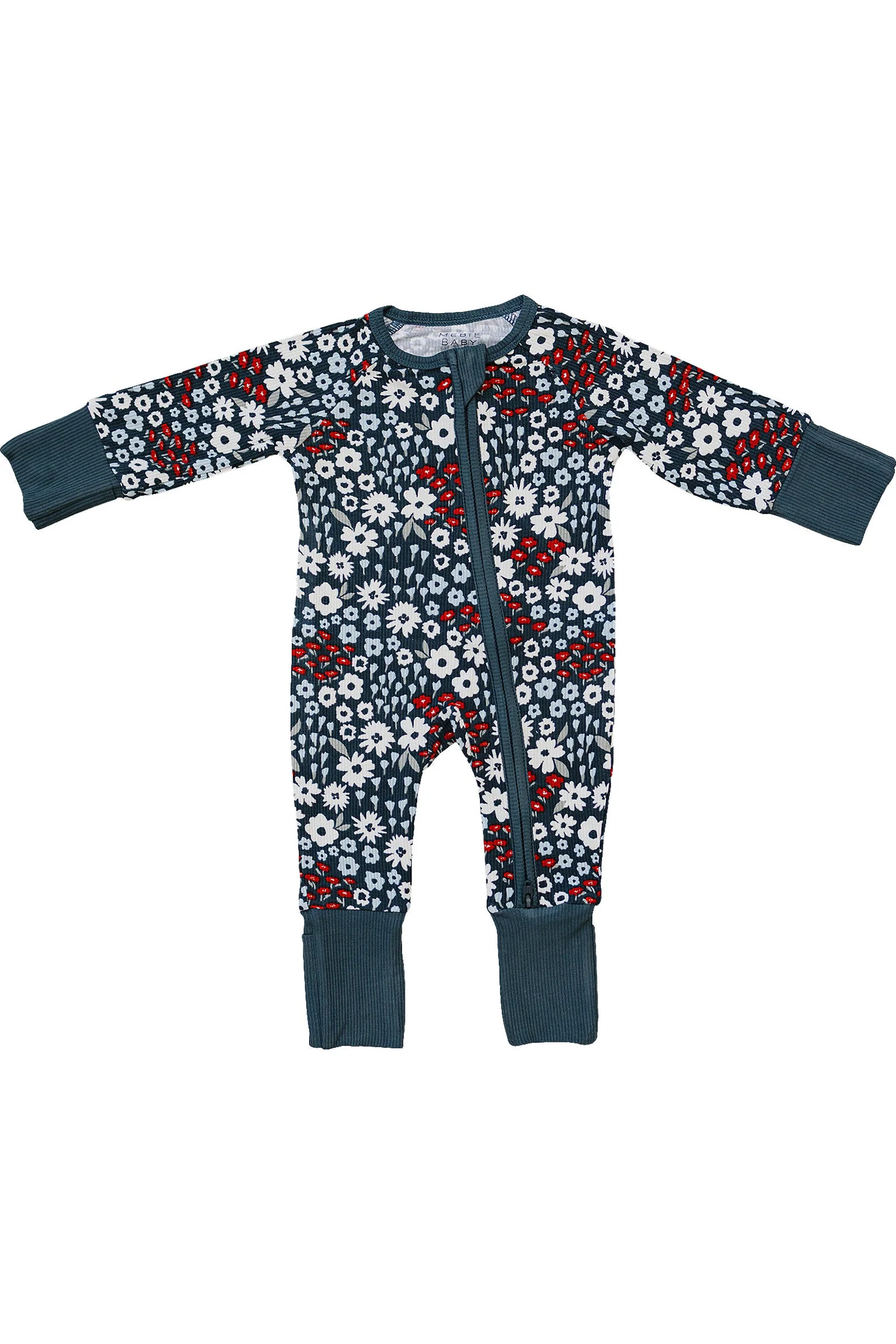 Mebie Baby Americana Floral Ribbed Zipper Pajama, Bamboo, Baby - Image 2
