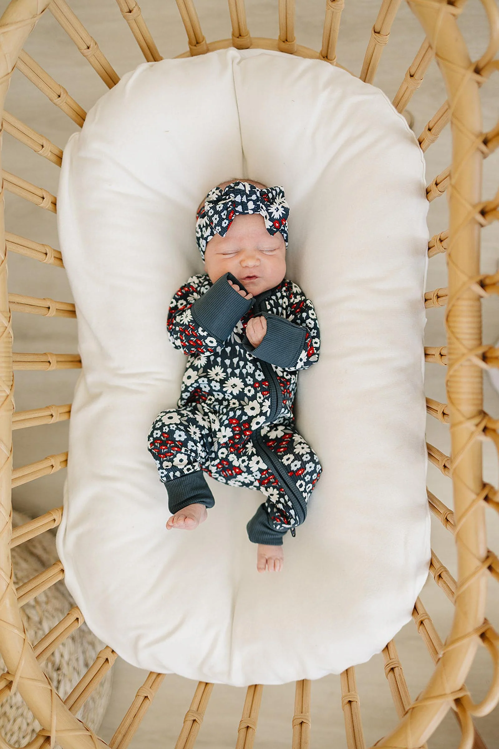 Mebie Baby Americana Floral Ribbed Zipper Pajama, Bamboo, Baby - Image 3