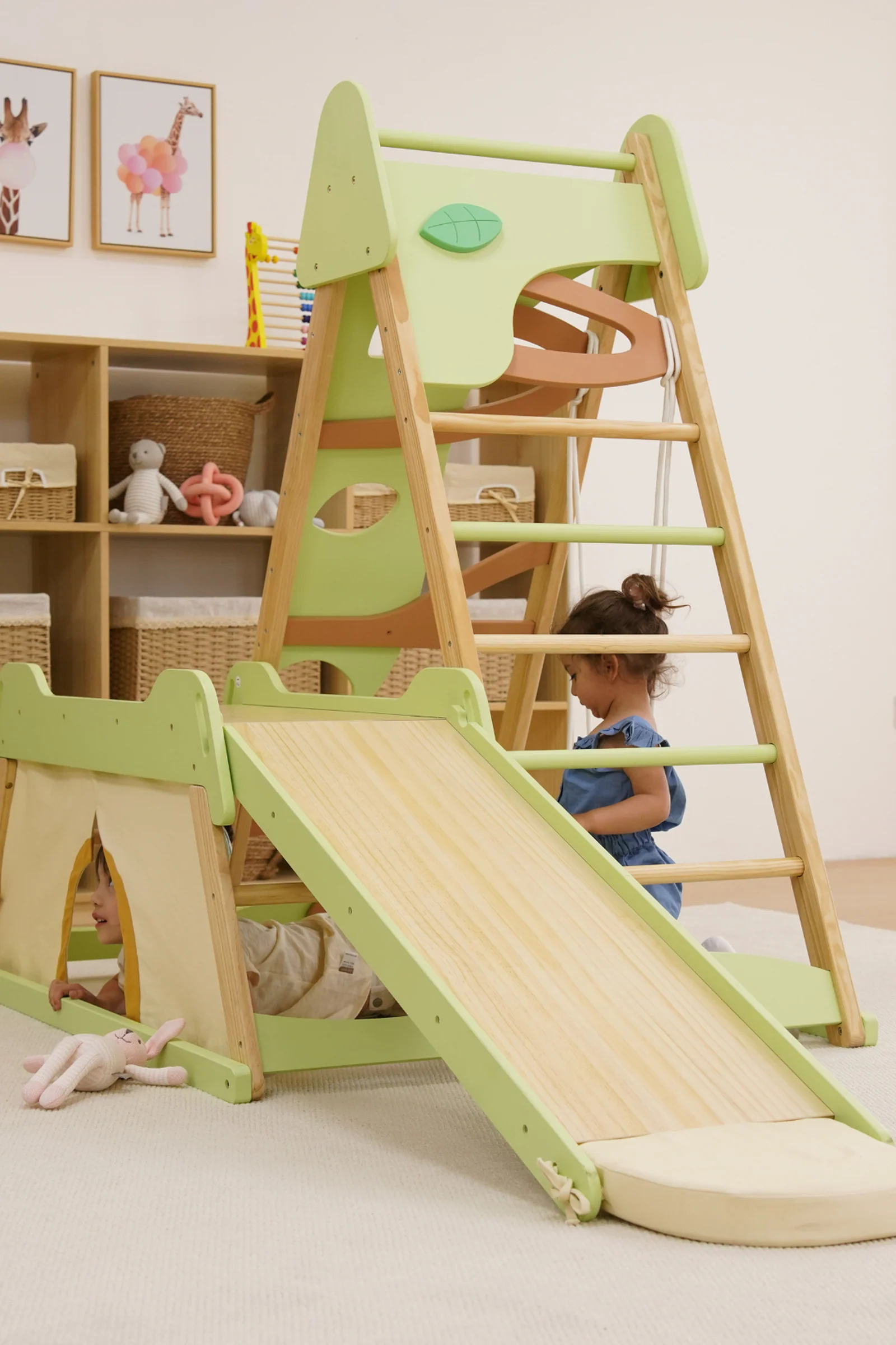 Bush 6 in 1 Wooden Jungle Gym Climber for Toddlers, Indoor Playset with Slide, Rock Wall, Ladder & Swing - Image 3