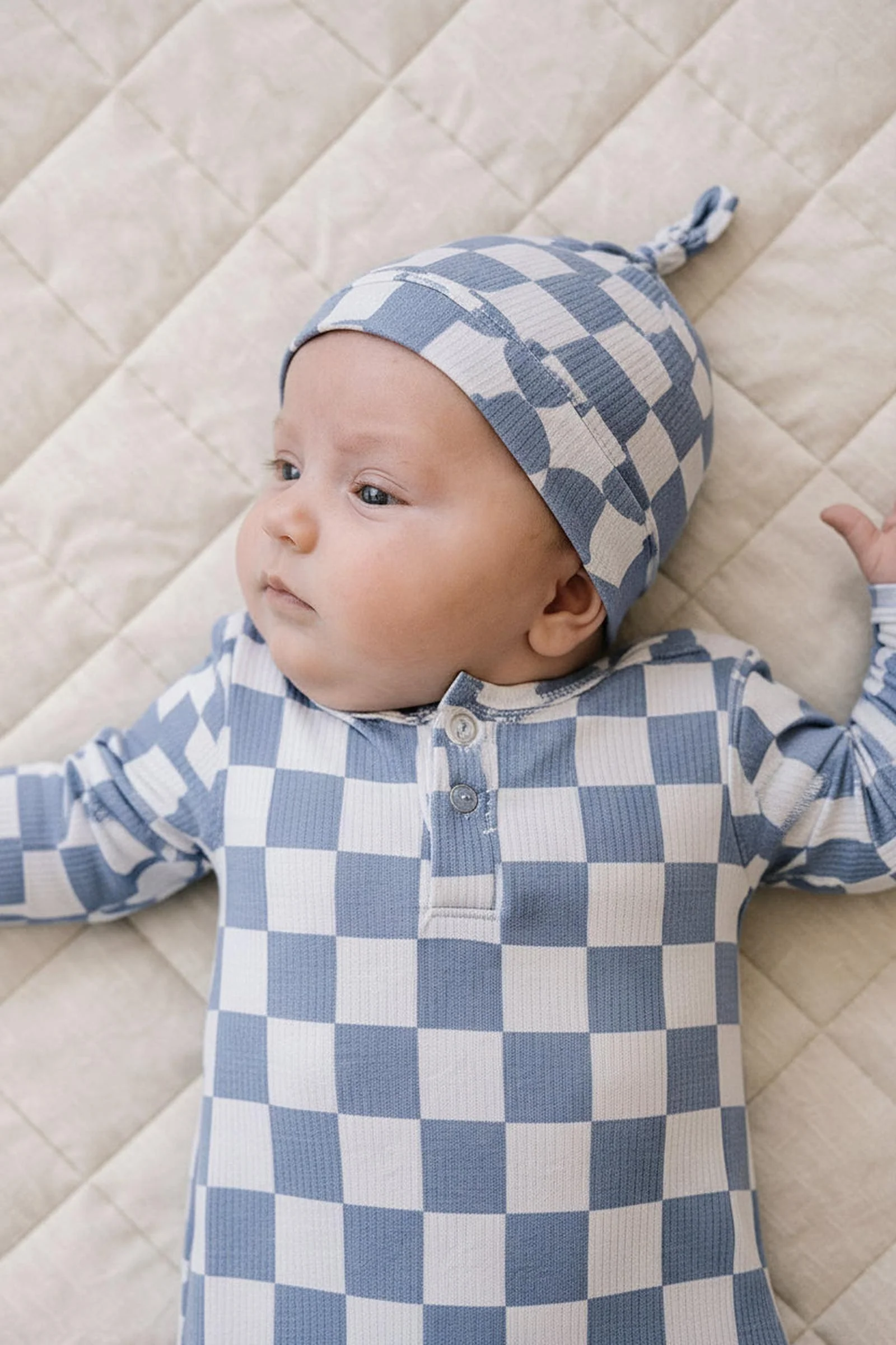 Mebie Baby Blue Checkered Bamboo Newborn Knot Hat