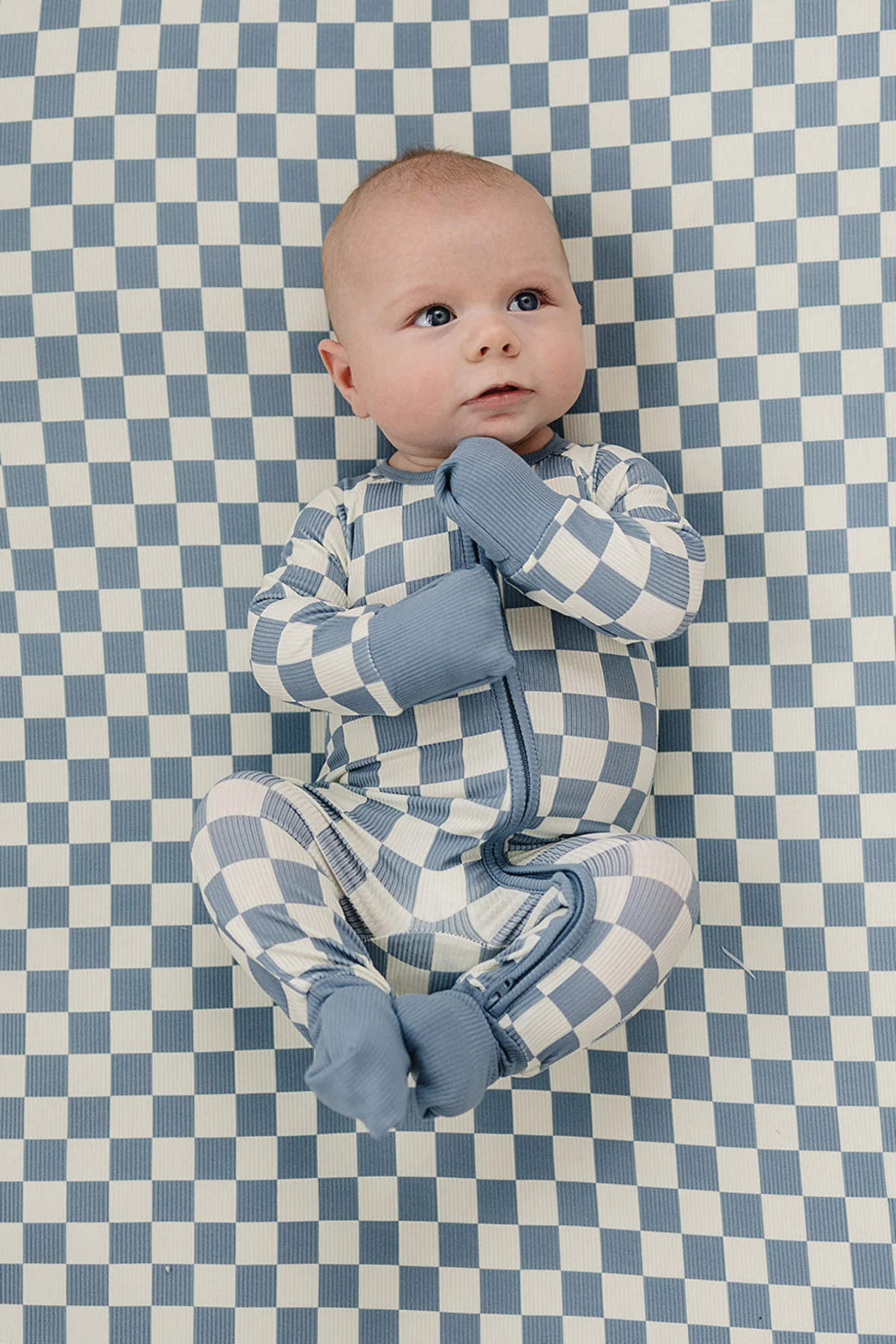 Mebie Baby Blue Checkered Bamboo Zipper Pajama for Babies - Image 3