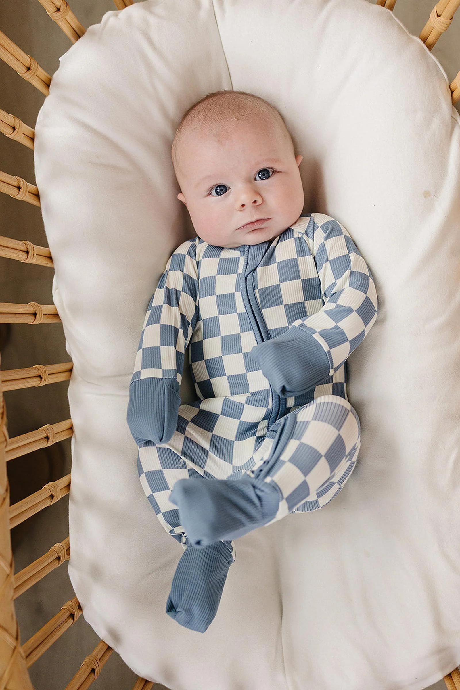 Mebie Baby Blue Checkered Bamboo Zipper Pajama for Babies - Image 4