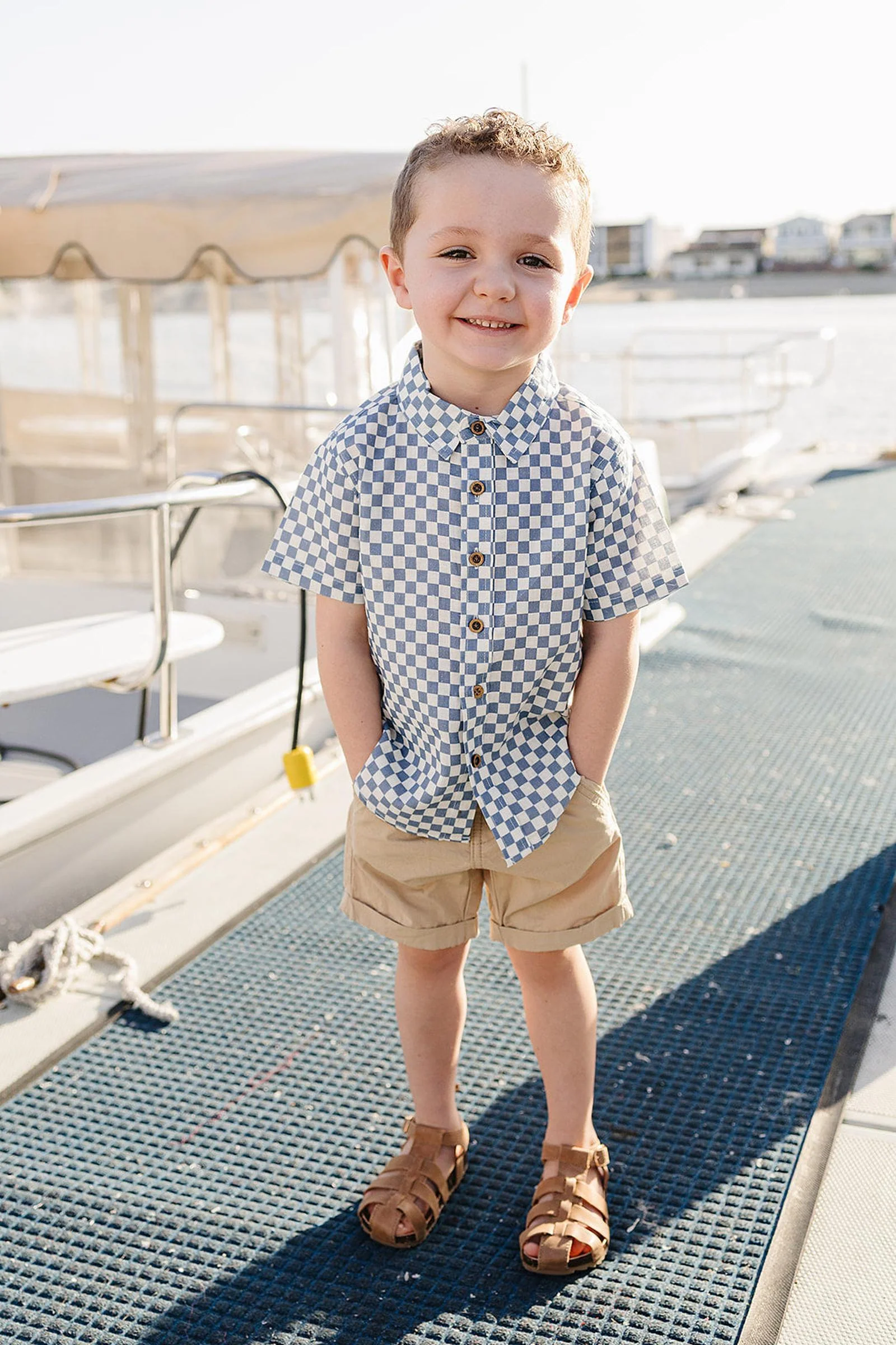 Mebie Baby Boys Blue Checkered Linen Button Up Shirt, Baby - Kids