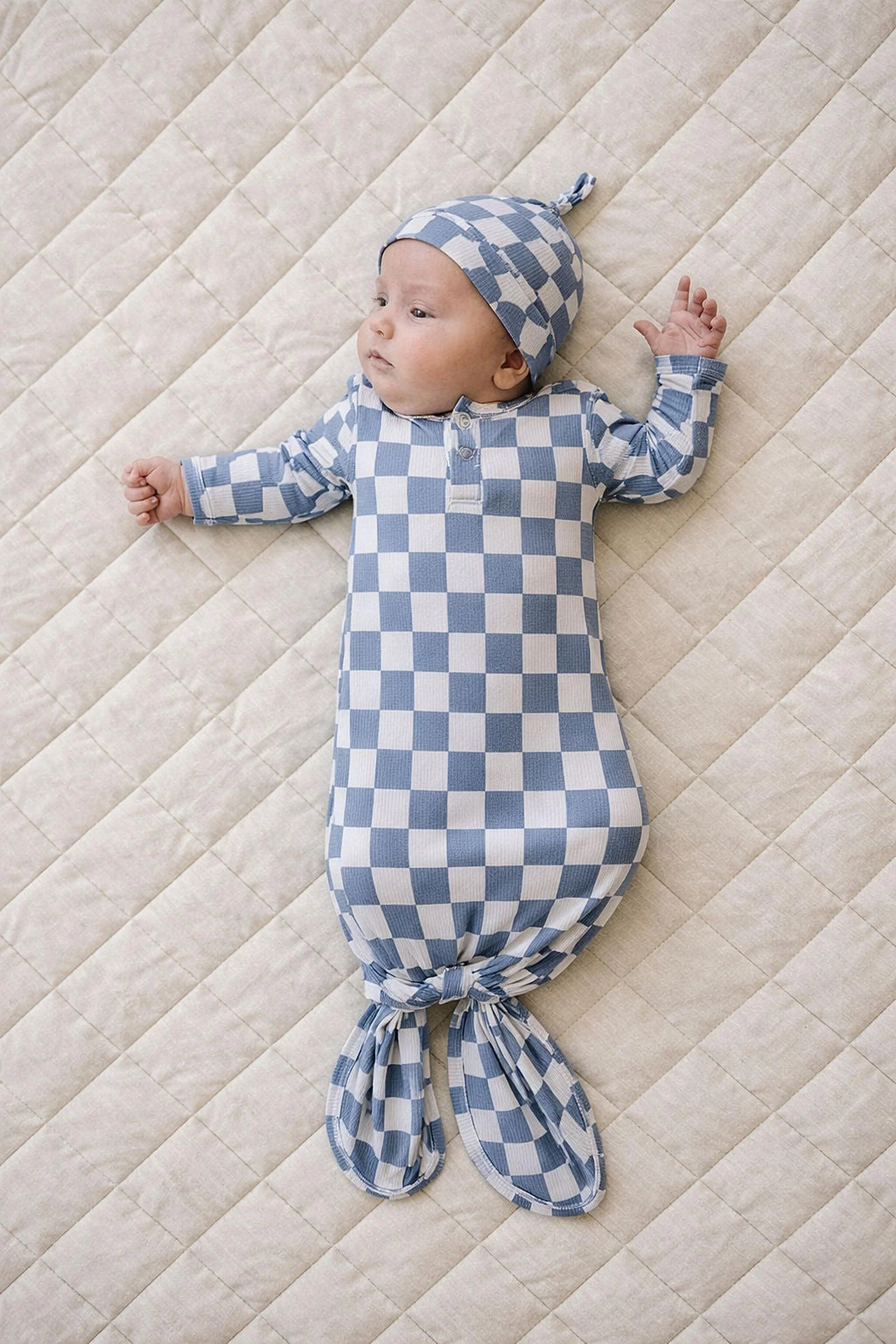Mebie Baby Blue Checkered Ribbed Bamboo Knot Gown for Babies
