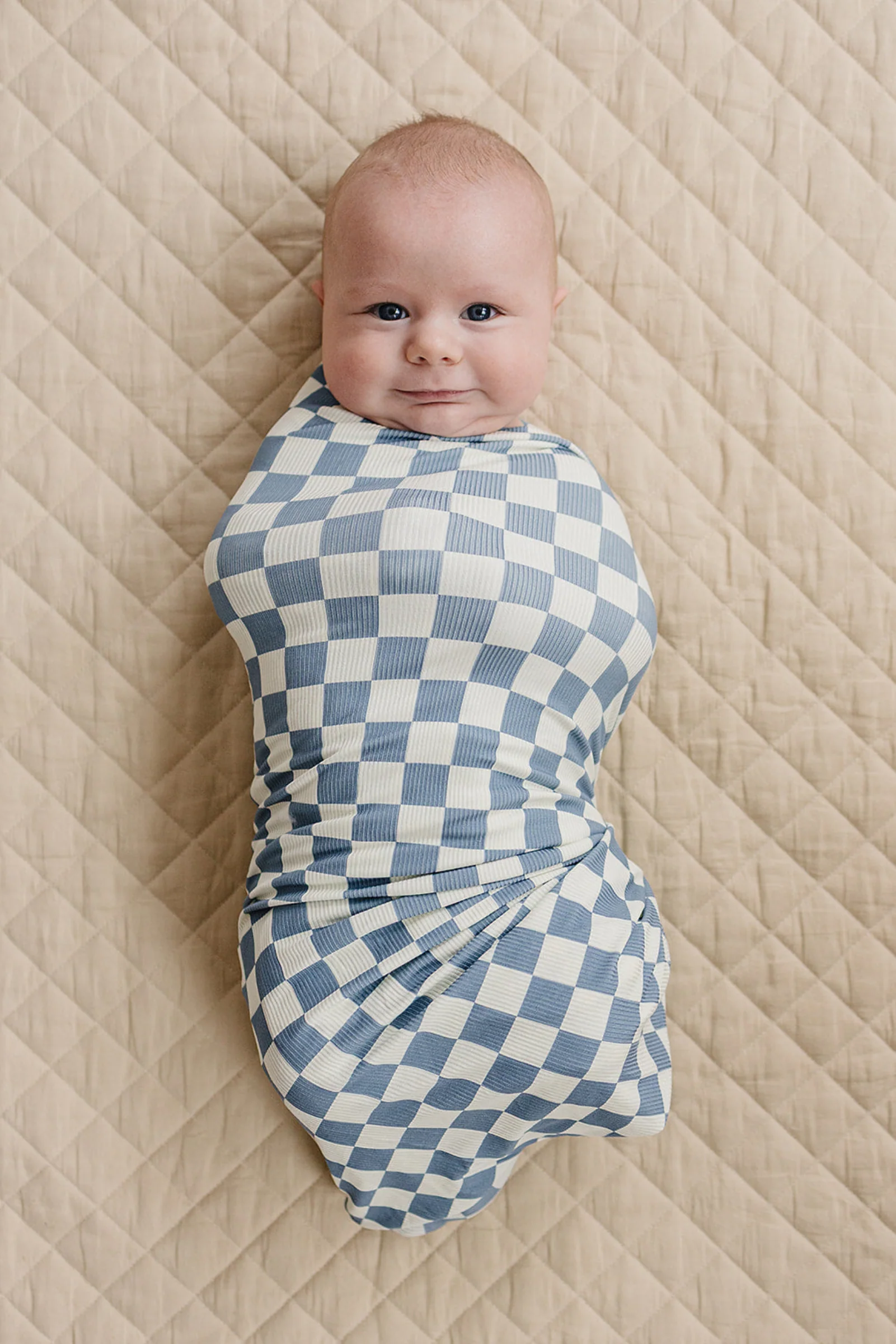 Mebie Baby Blue Checkered Ribbed Bamboo Stretch Swaddle for Babies