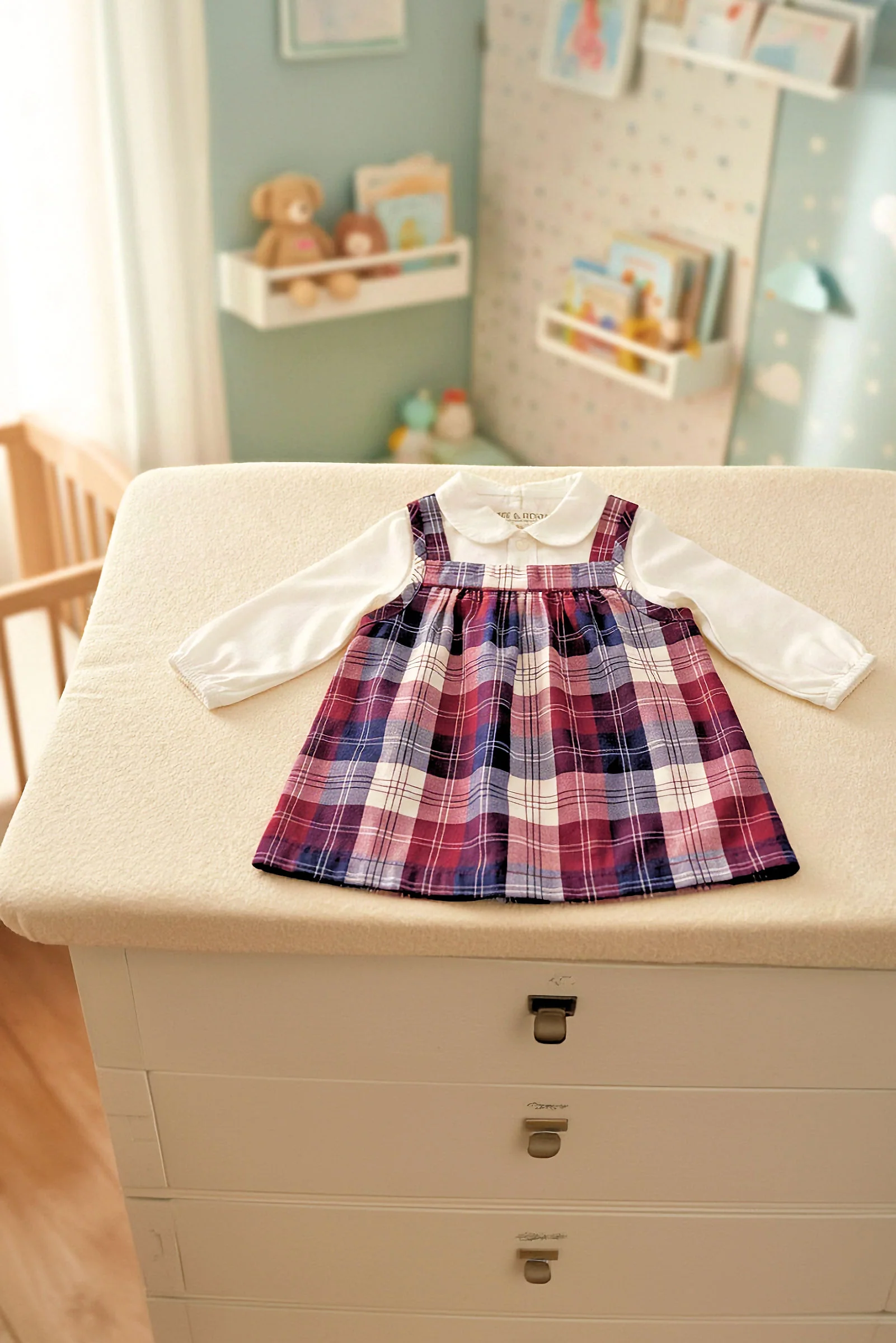 Hope & Henry Organic Cotton Peter Pan Collar Bodysuit & Plaid Jumper Set for Girls, Berry Tartan, Baby