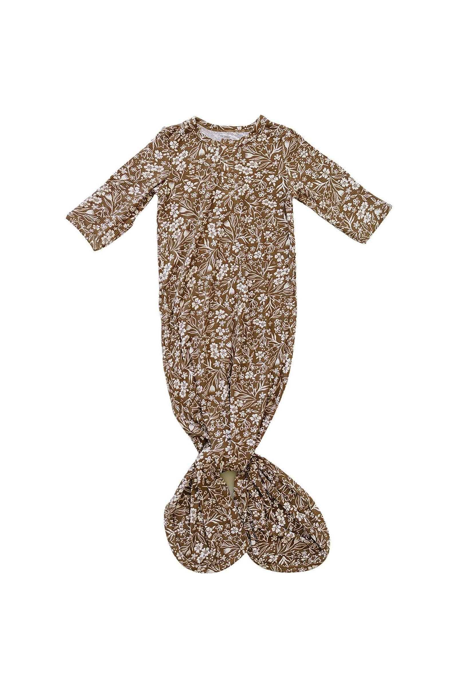 Mebie Baby Brown Floral Ribbed Knot Gown, Bamboo, Baby - Image 2
