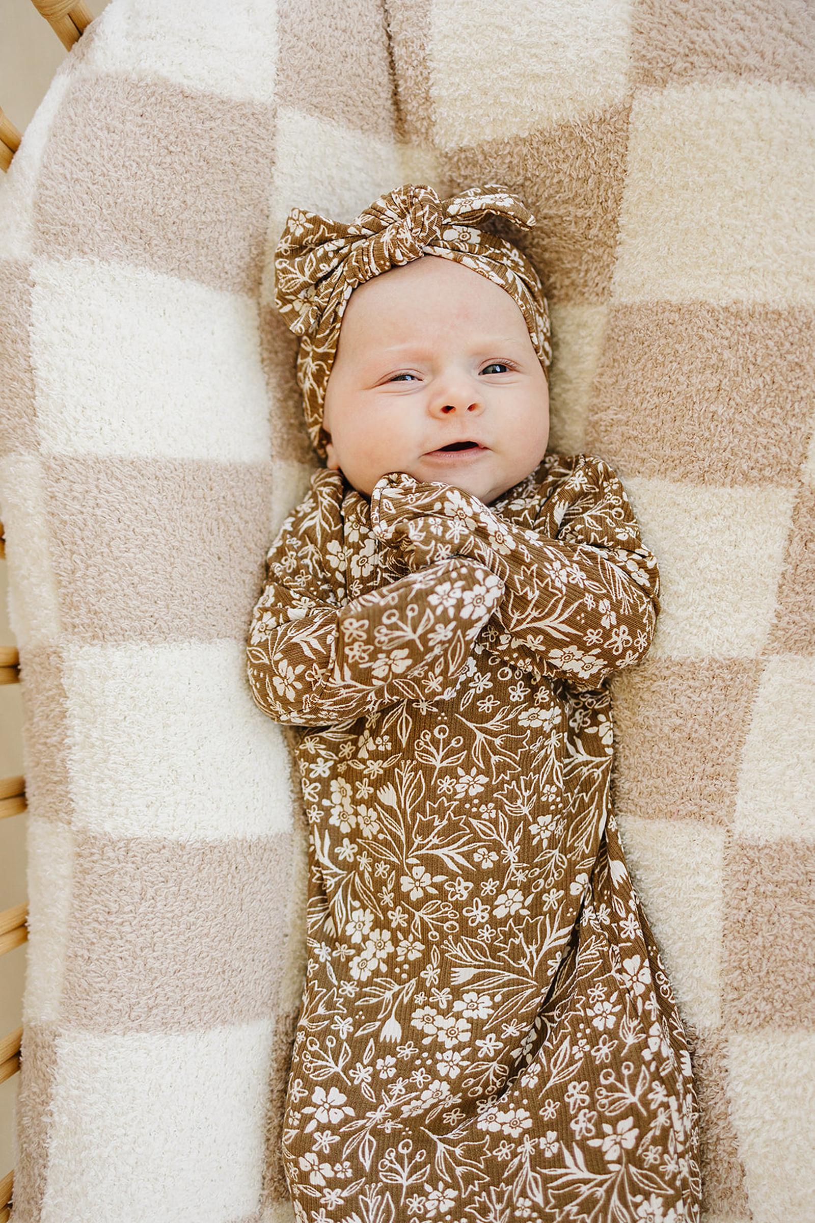 Mebie Baby Brown Floral Ribbed Knot Gown, Bamboo, Baby - Image 5