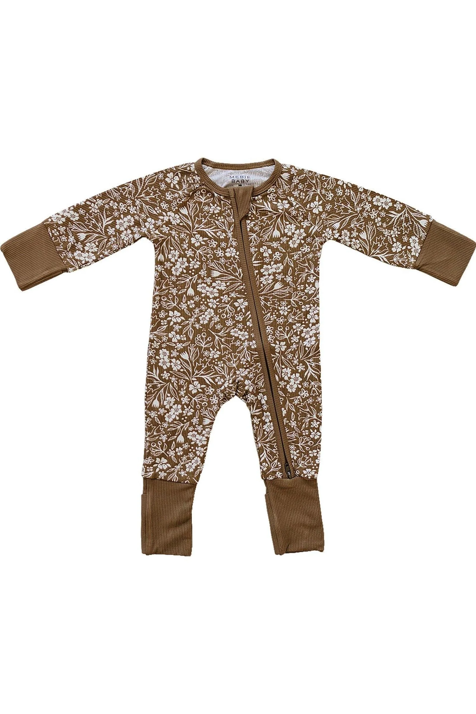 Mebie Baby Brown Floral Ribbed Zipper Pajama | Bamboo - Image 2