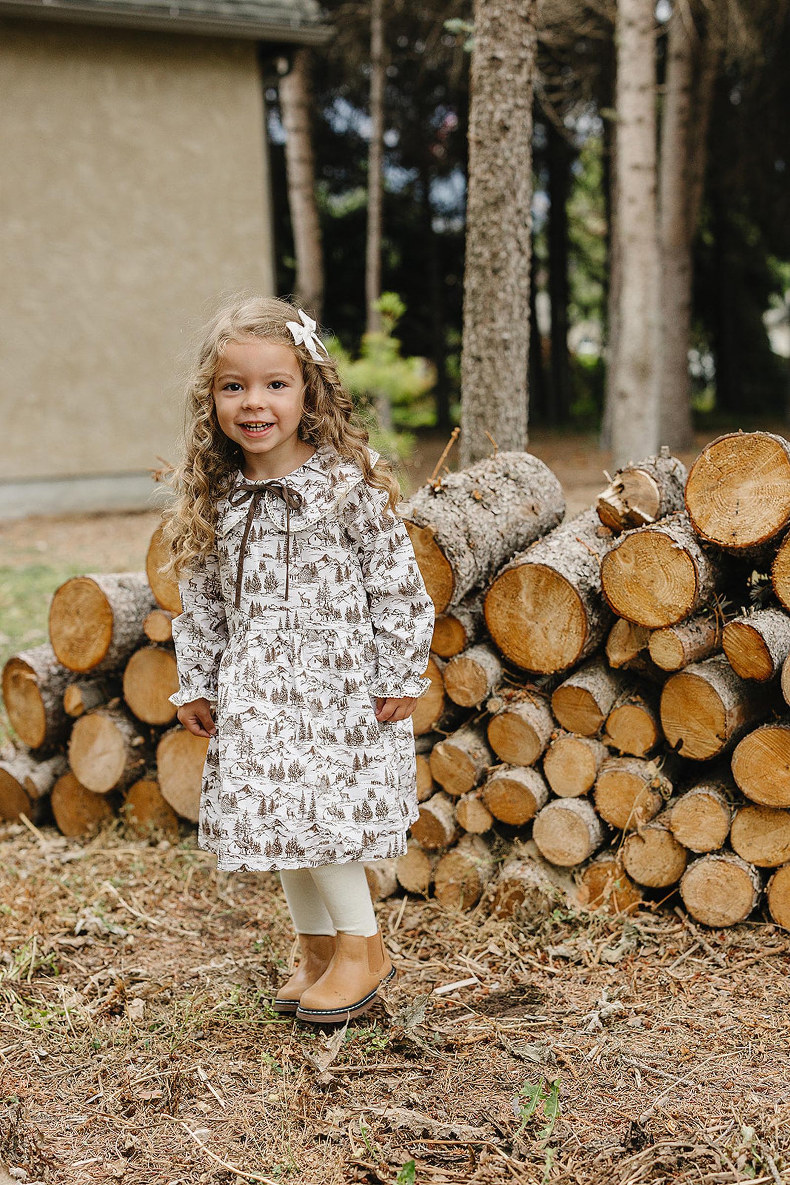 Mebie Baby Brown Toile Long-Sleeve Dress, Cotton, Sizes 0-8