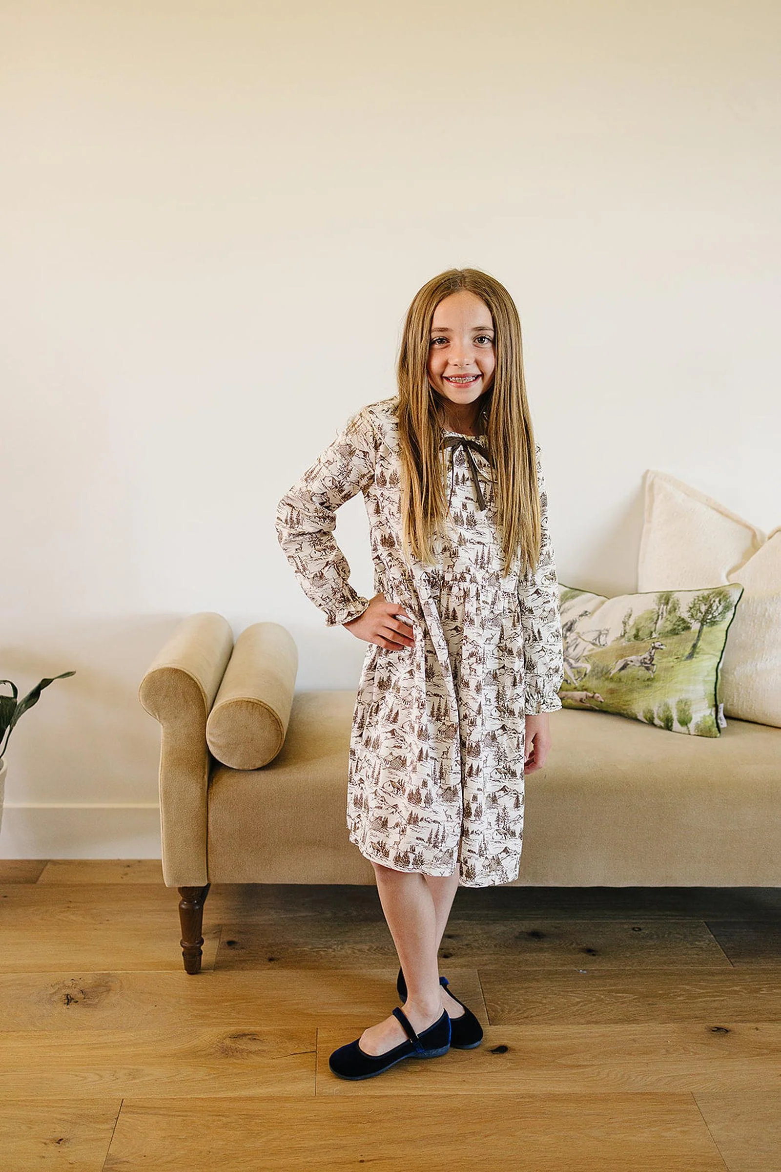 Mebie Baby Brown Toile Long-Sleeve Dress, Cotton, Sizes 0-8 - Image 5