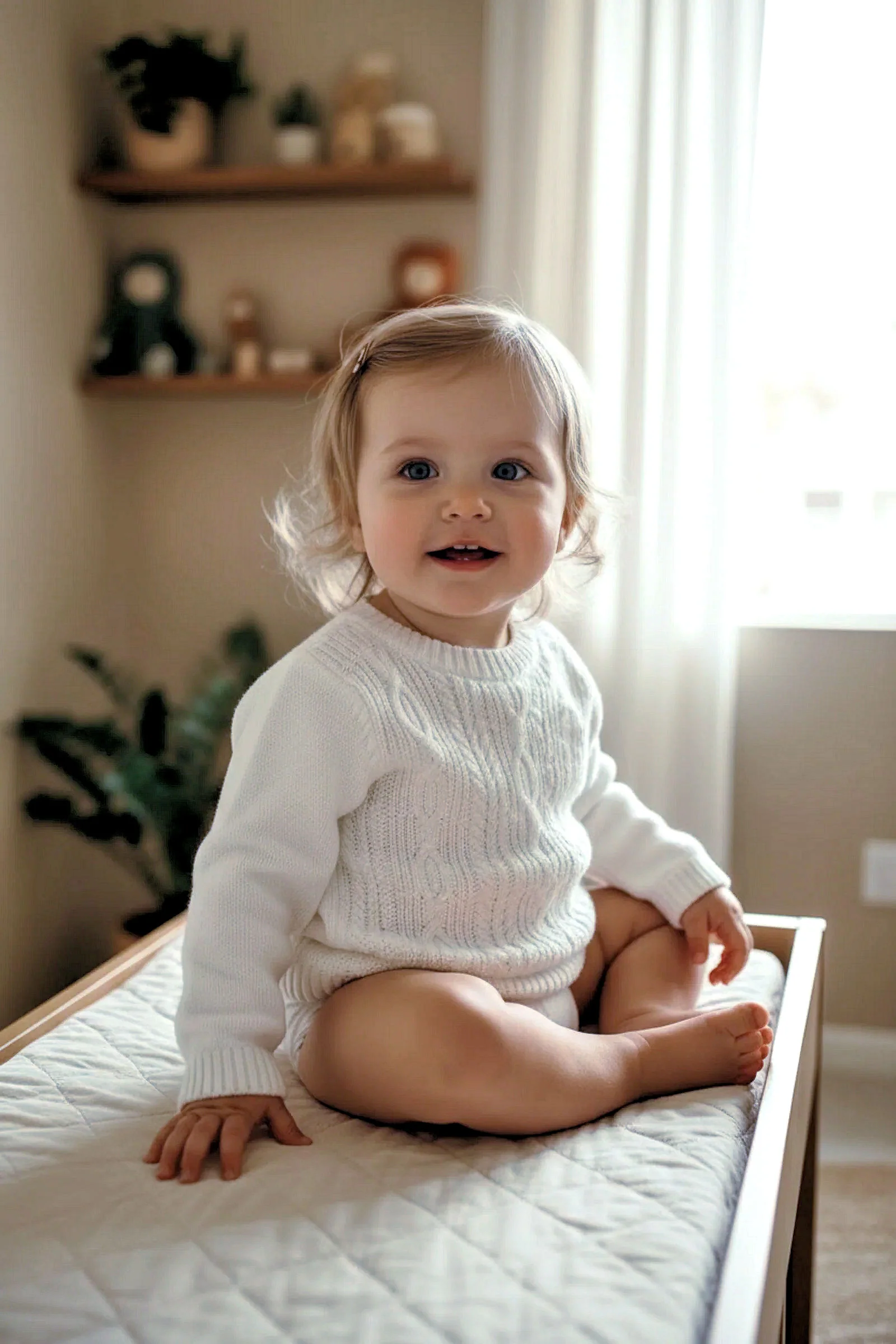 Hope & Henry Organic Cotton Cable Knit Button Sweater for Girls, Soft White, Baby