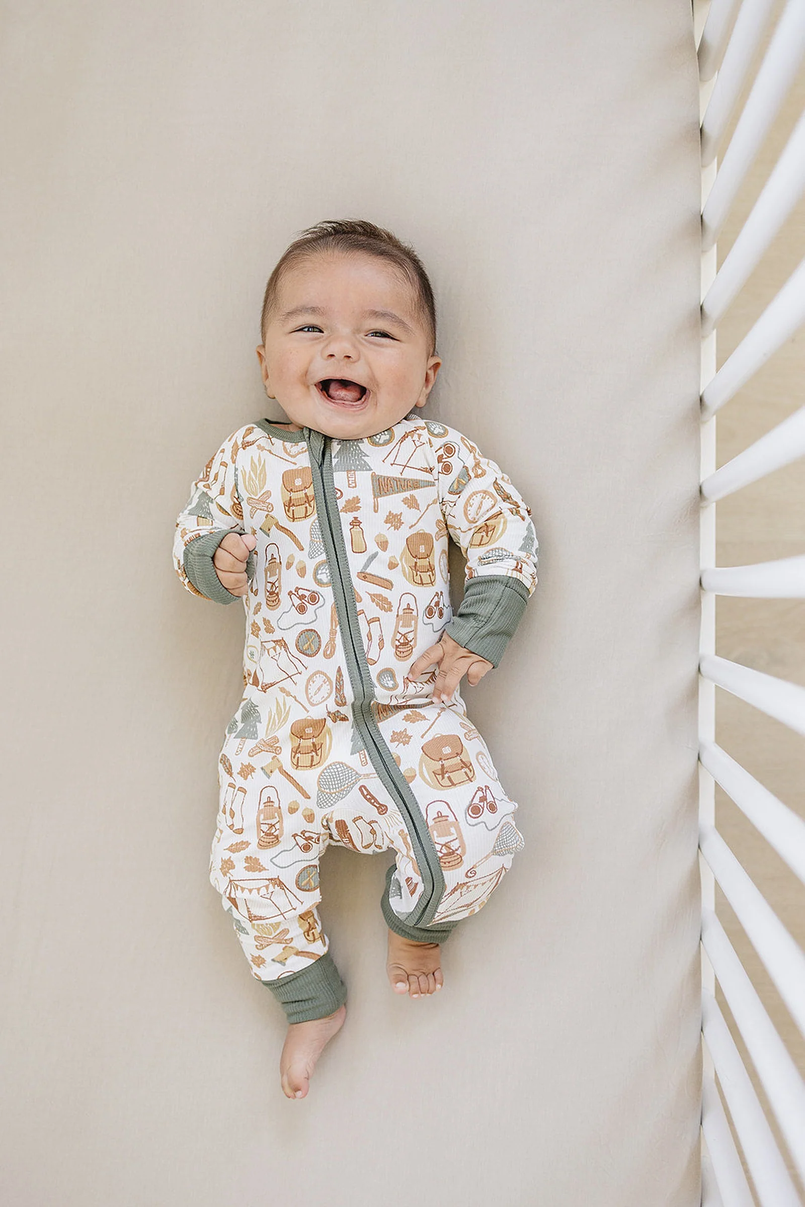 Mebie Baby Camping Trip Ribbed Zipper Pajama, Bamboo, Baby Essentials