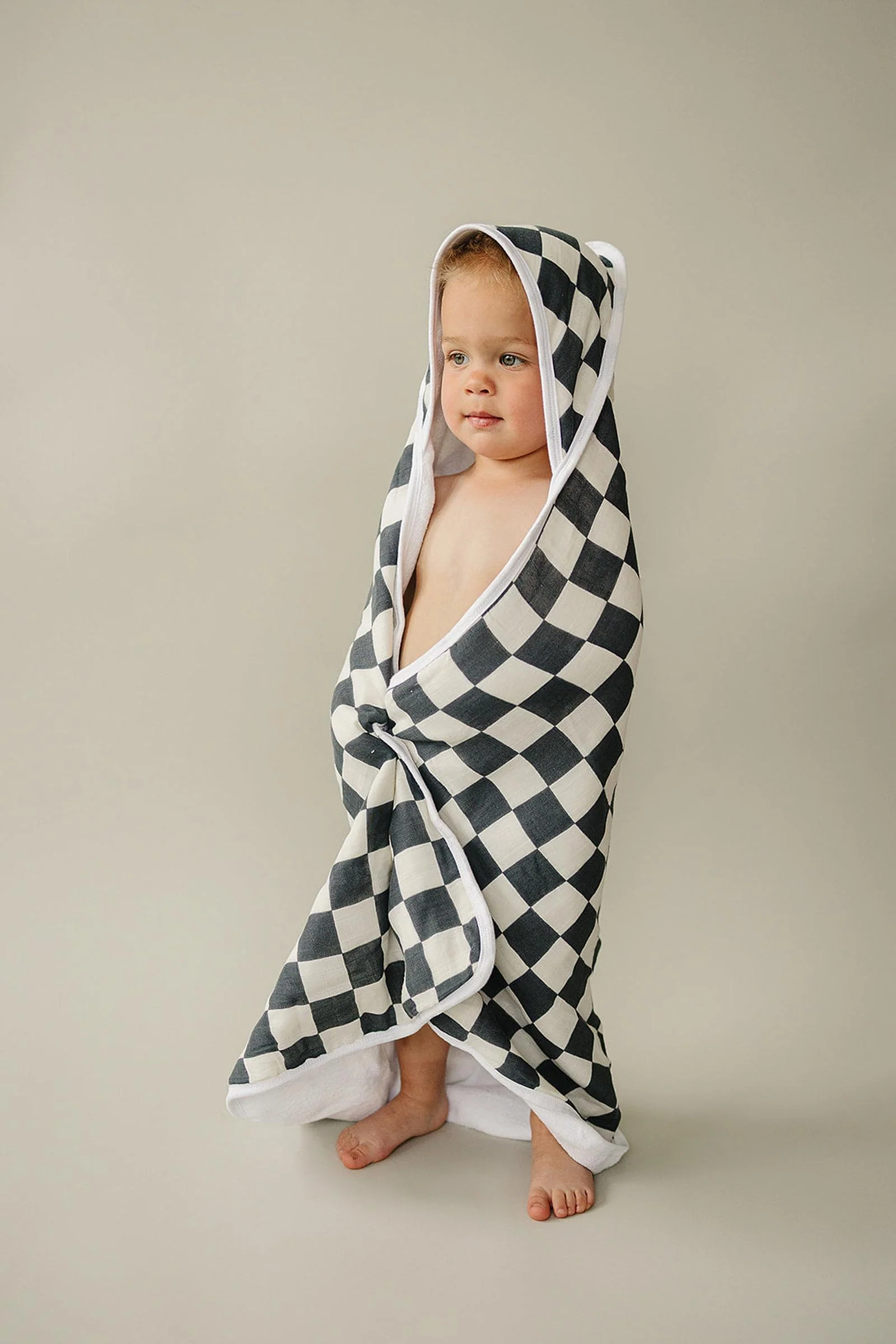 Mebie Baby Charcoal Checkered Muslin Hooded Towel, 100% Cotton, Gender Neutral, Baby - Image 5