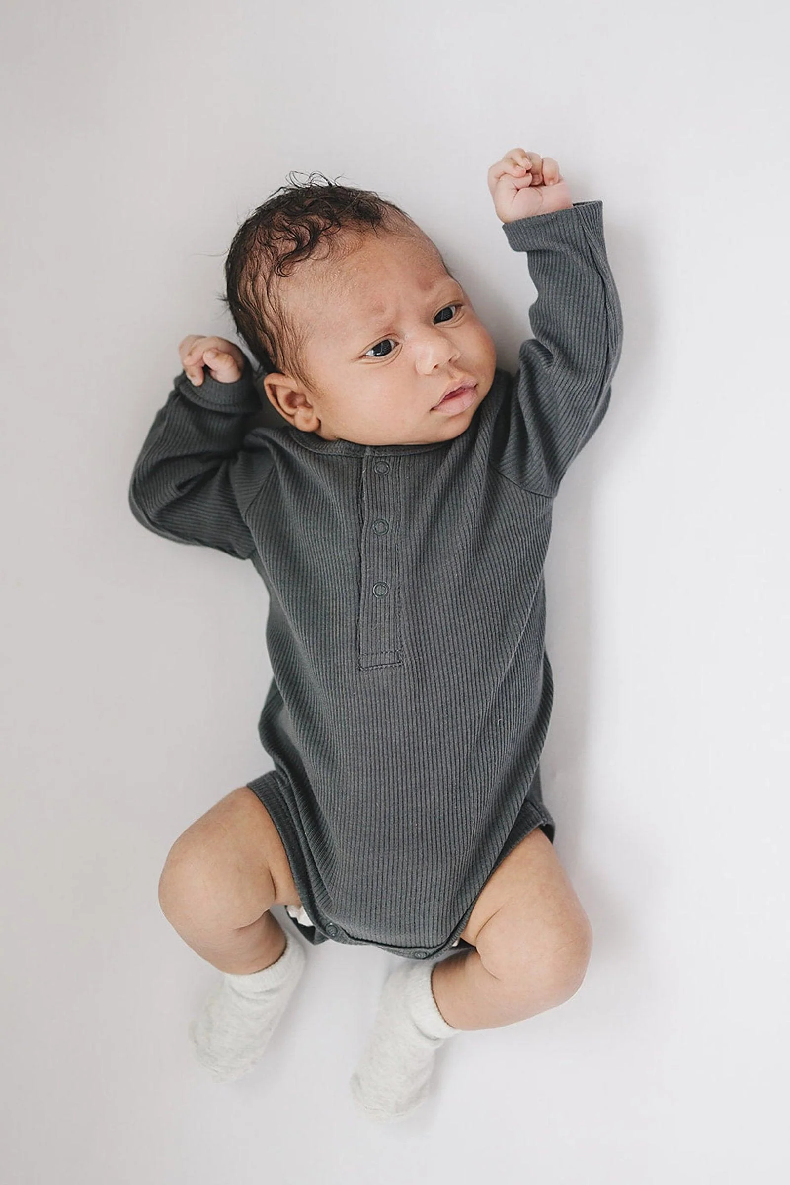 Mebie Baby Charcoal Organic Snap Long Sleeve Ribbed Bodysuit, Baby Essentials, Cotton - Image 4