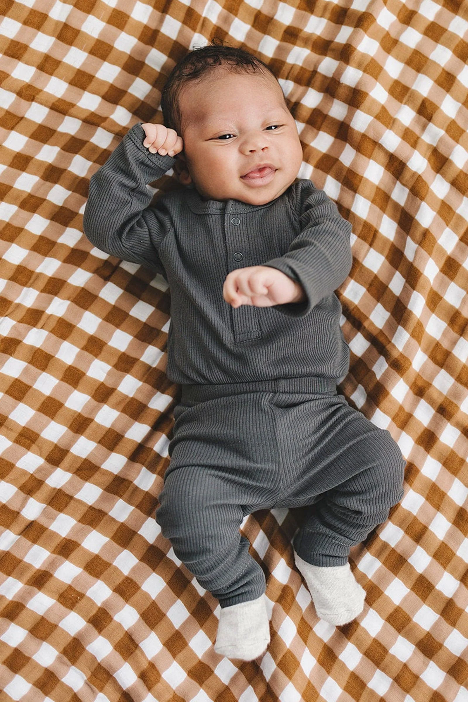 Mebie Baby Charcoal Organic Snap Long Sleeve Ribbed Bodysuit, Baby Essentials, Cotton - Image 5