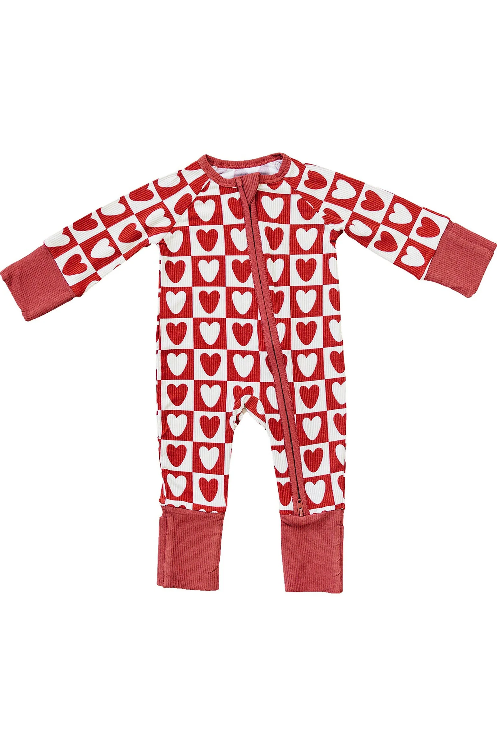 Mebie Baby Checkered Hearts Ribbed Zipper Pajama, Bamboo, Baby Essentials - Image 2