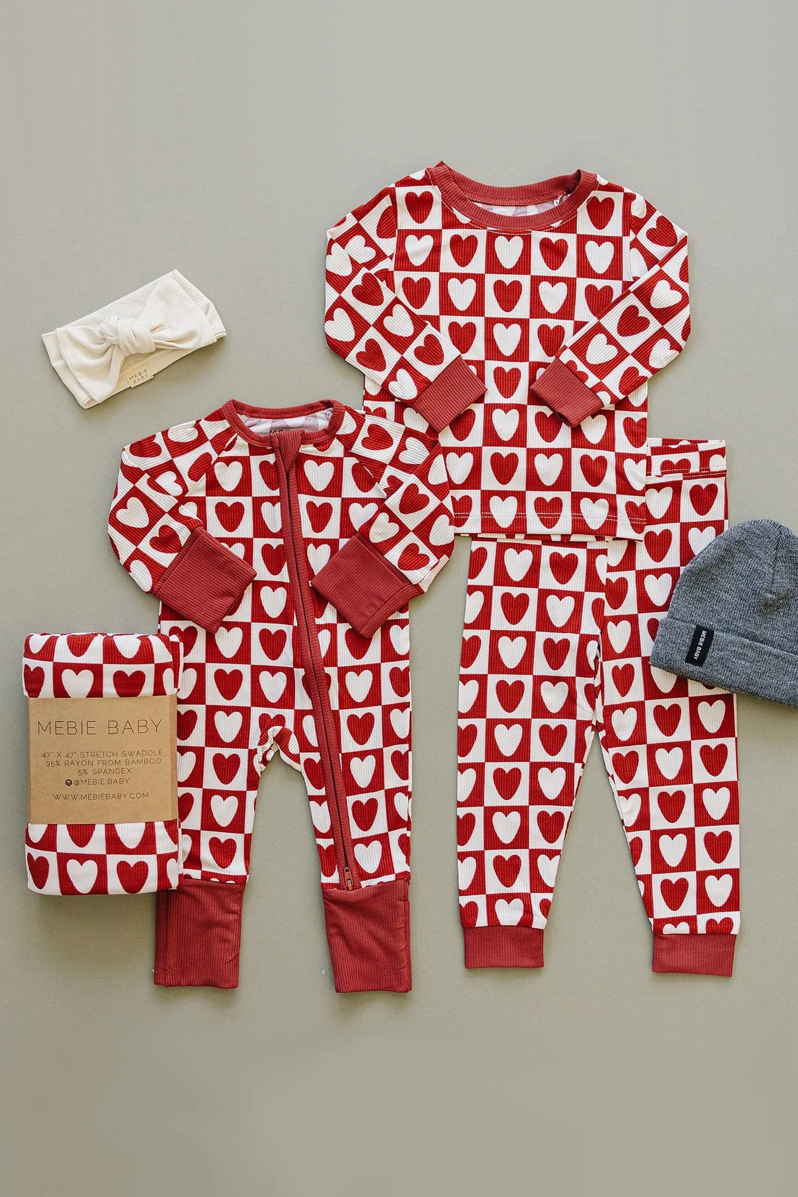 Mebie Baby Checkered Hearts Ribbed Zipper Pajama, Bamboo, Baby Essentials - Image 4
