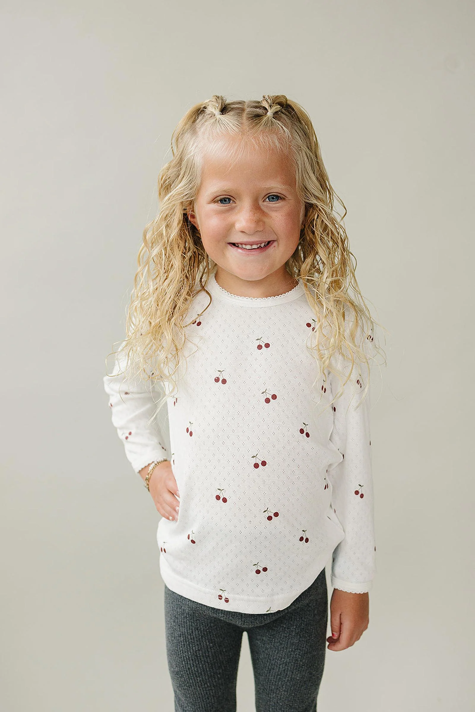 Mebie Baby Cherry Pointelle Long Sleeve T-Shirt, 100% Cotton, Sizes 0-7 - Image 3