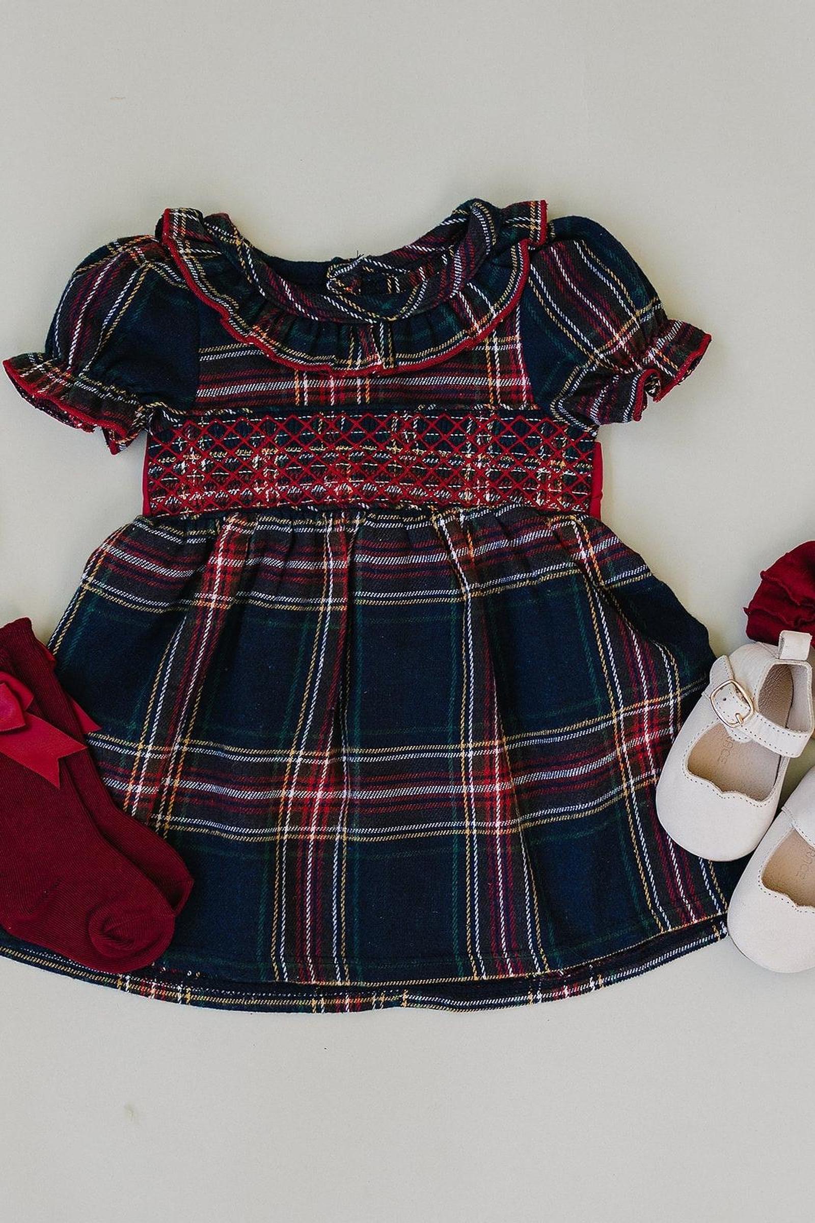 Mebie Baby Christmas Plaid Smocked Dress with Classic Collar, Cotton, Sizes 0-8 - Image 8