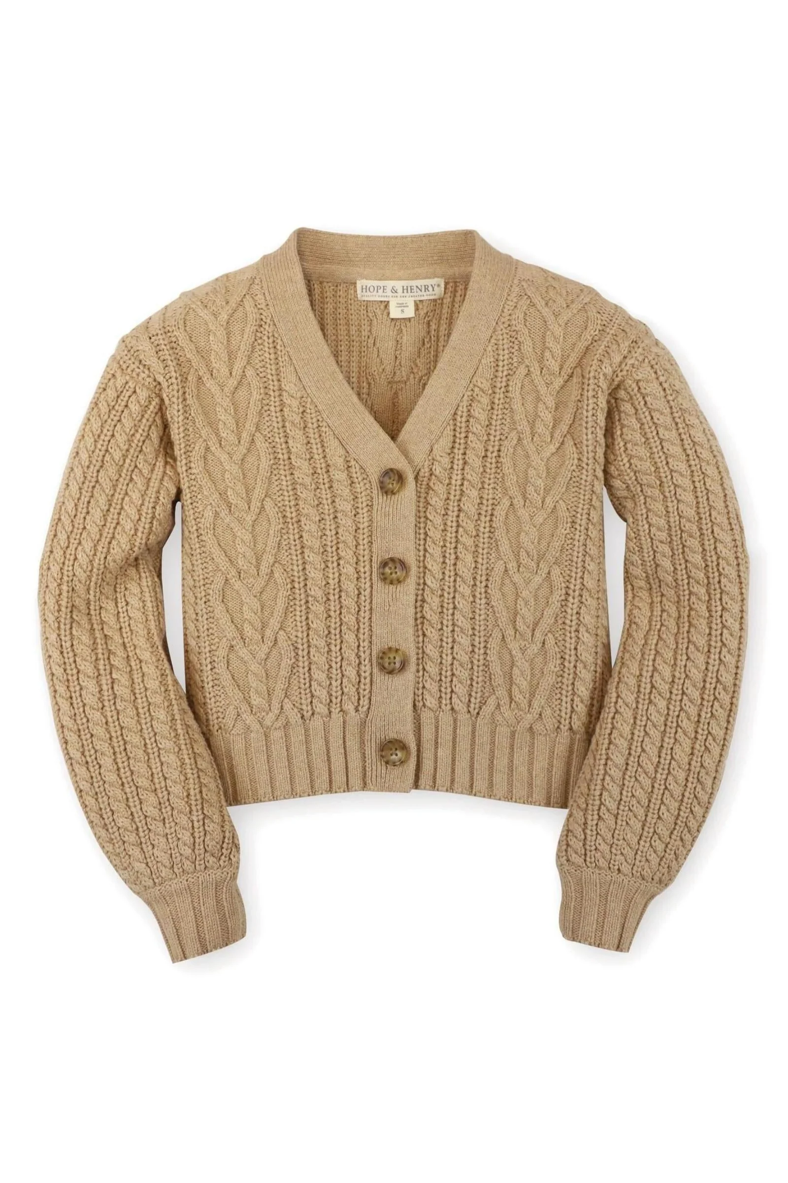Hope & Henry Organic Cotton Chunky Cable Cardigan for Babies, Camel - Image 2