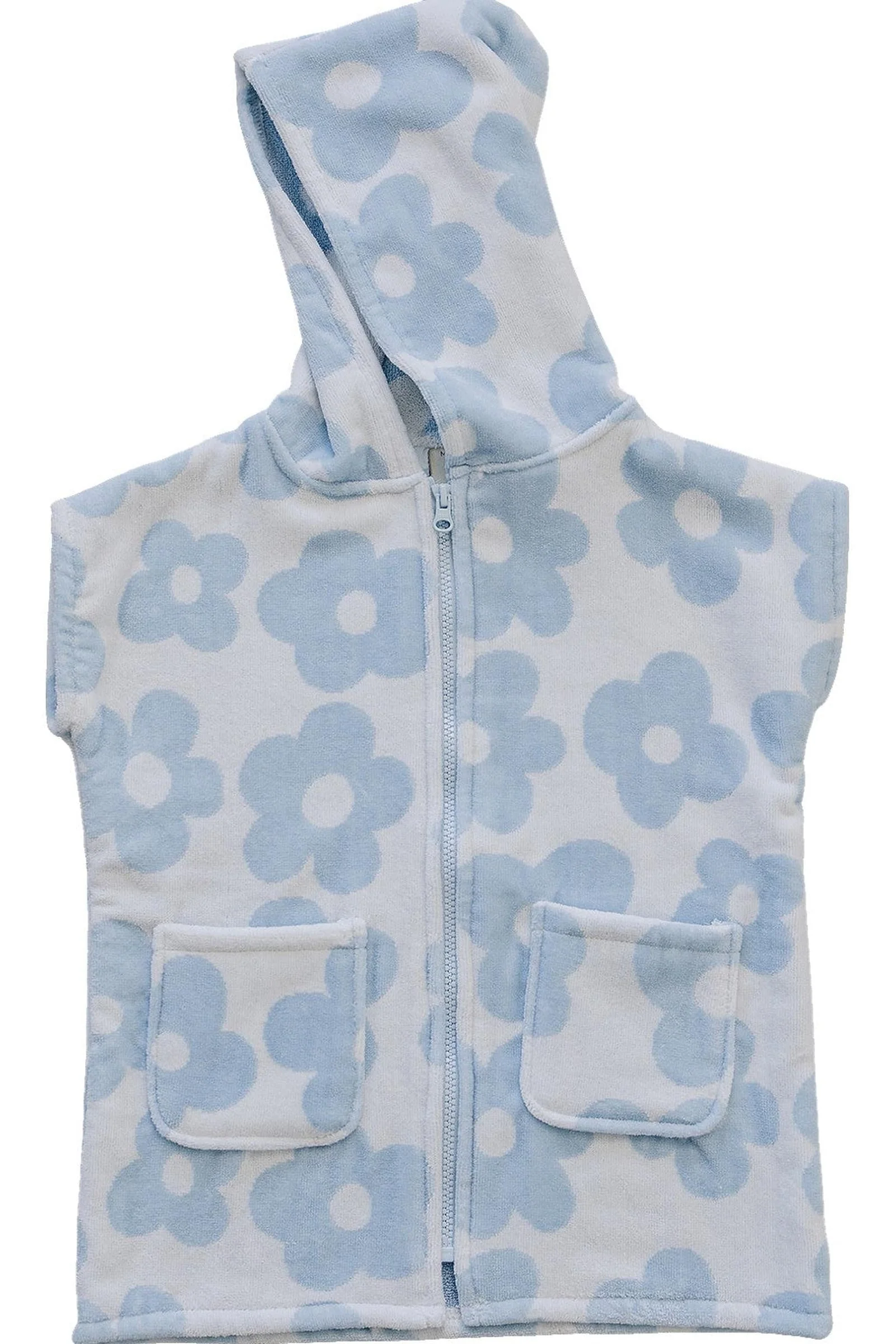 Mebie Baby Coastal Floral Zip-Up Organic Cotton Beach Poncho, Light Blue & White - Image 2