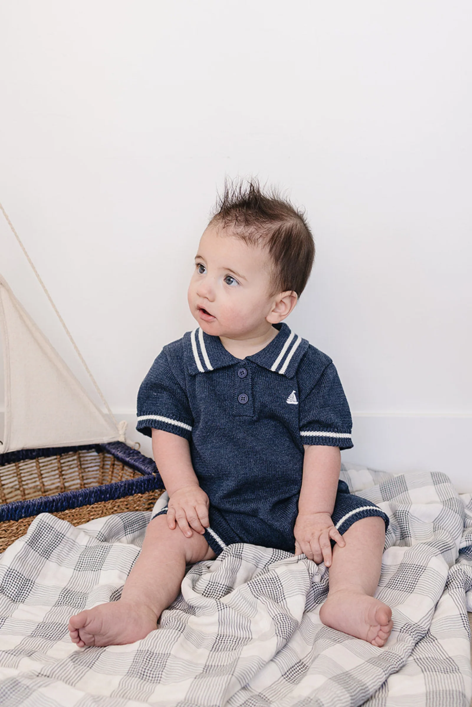 Mebie Baby Collared Sailboat Knit Short Romper for Baby Boys, Navy, Cotton