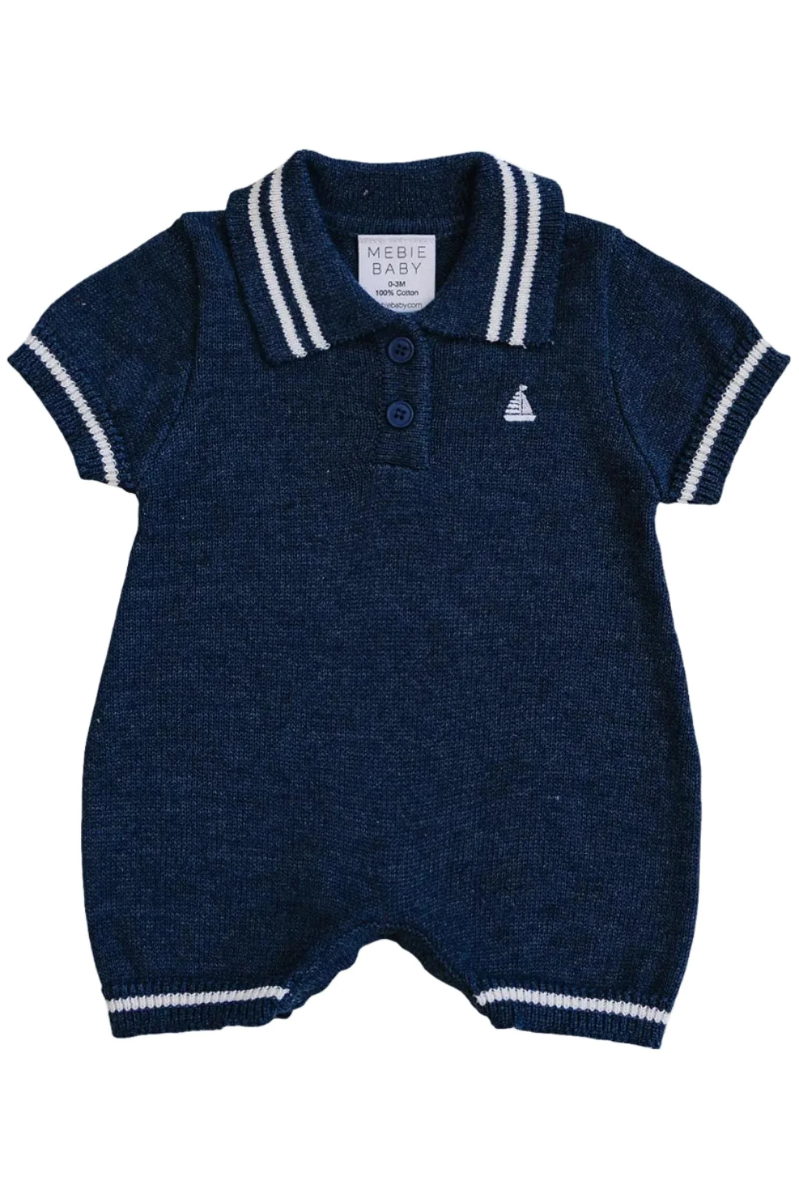 Mebie Baby Collared Sailboat Knit Short Romper for Baby Boys, Navy, Cotton - Image 2
