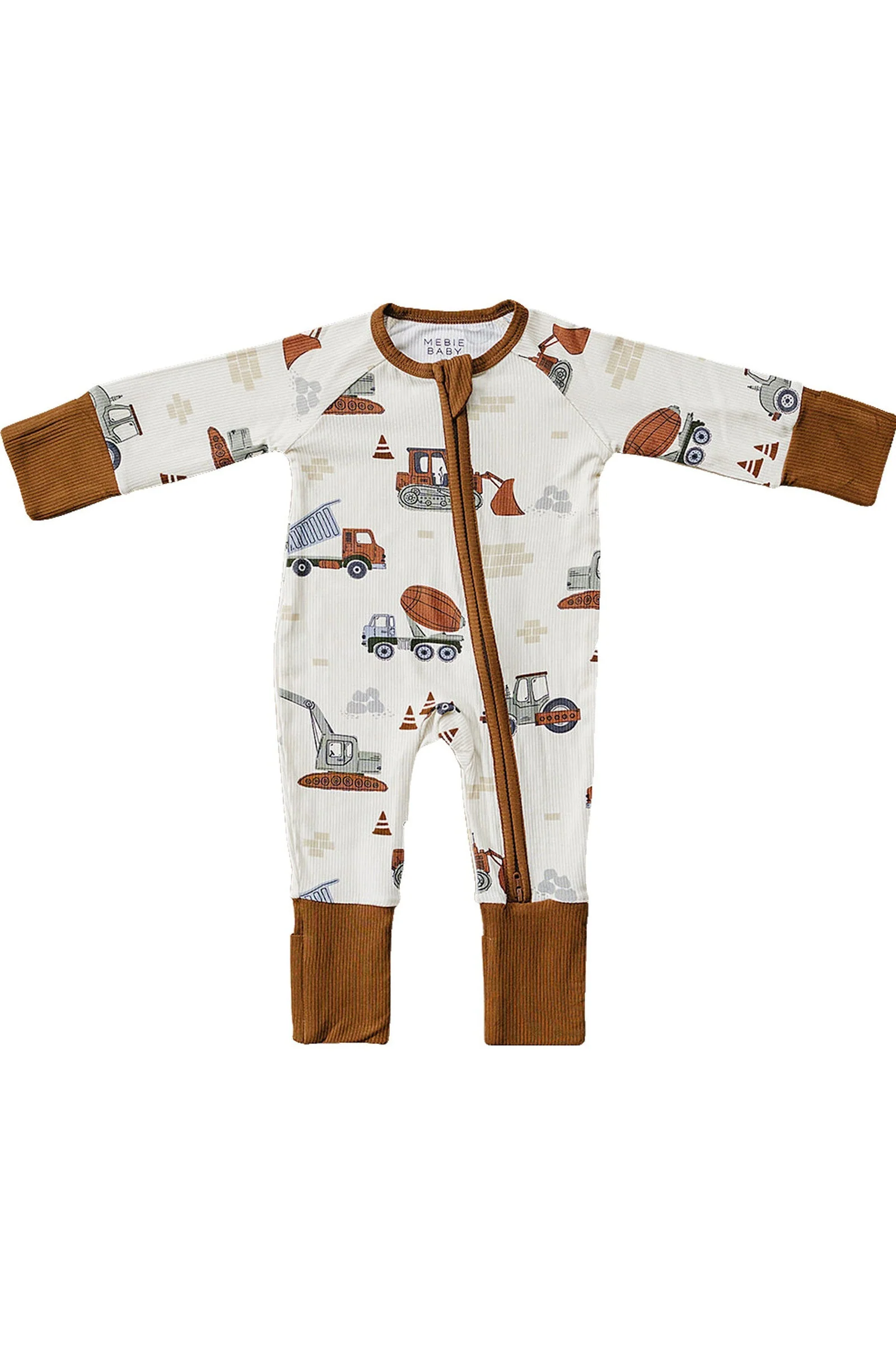 Mebie Baby Construction Trucks Ribbed Zipper Pajama, Bamboo, Baby Essentials - Image 2