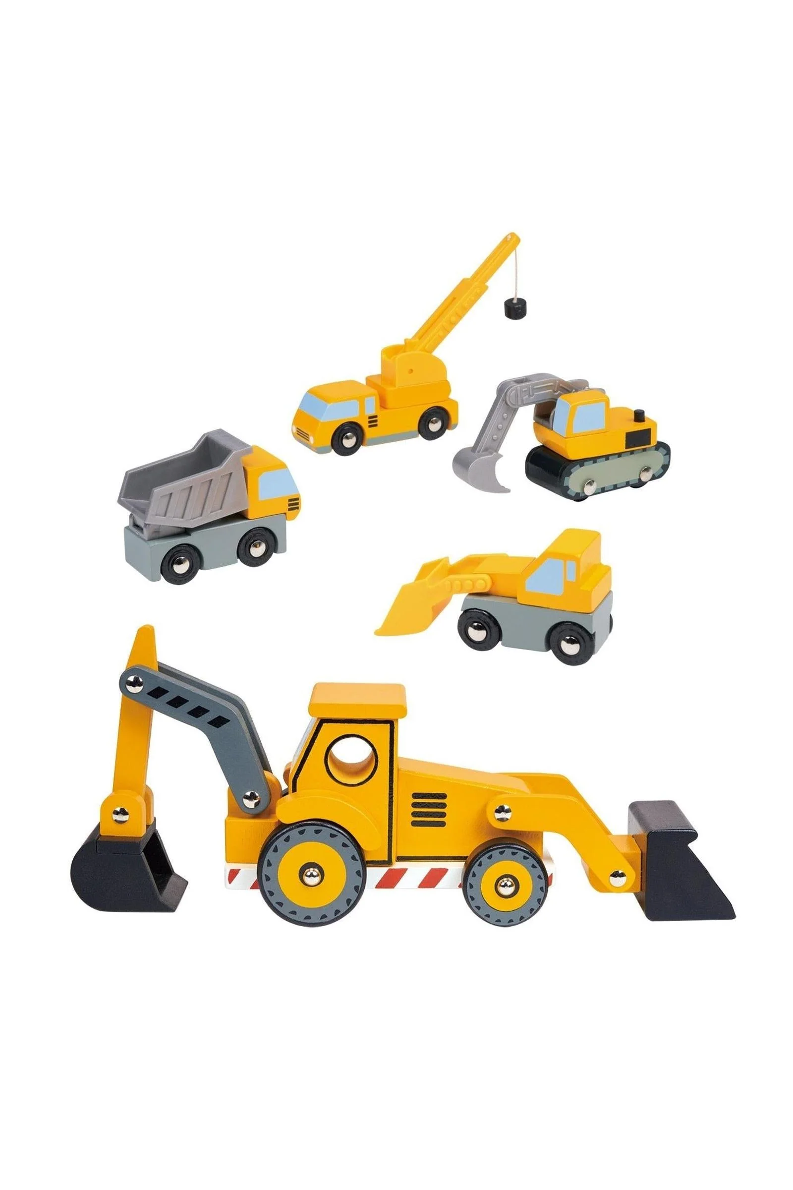 Mentari Wooden Toys, Construction Vehicles Bundle, Backhoe, Crane, Dump Truck, Excavator and Loader