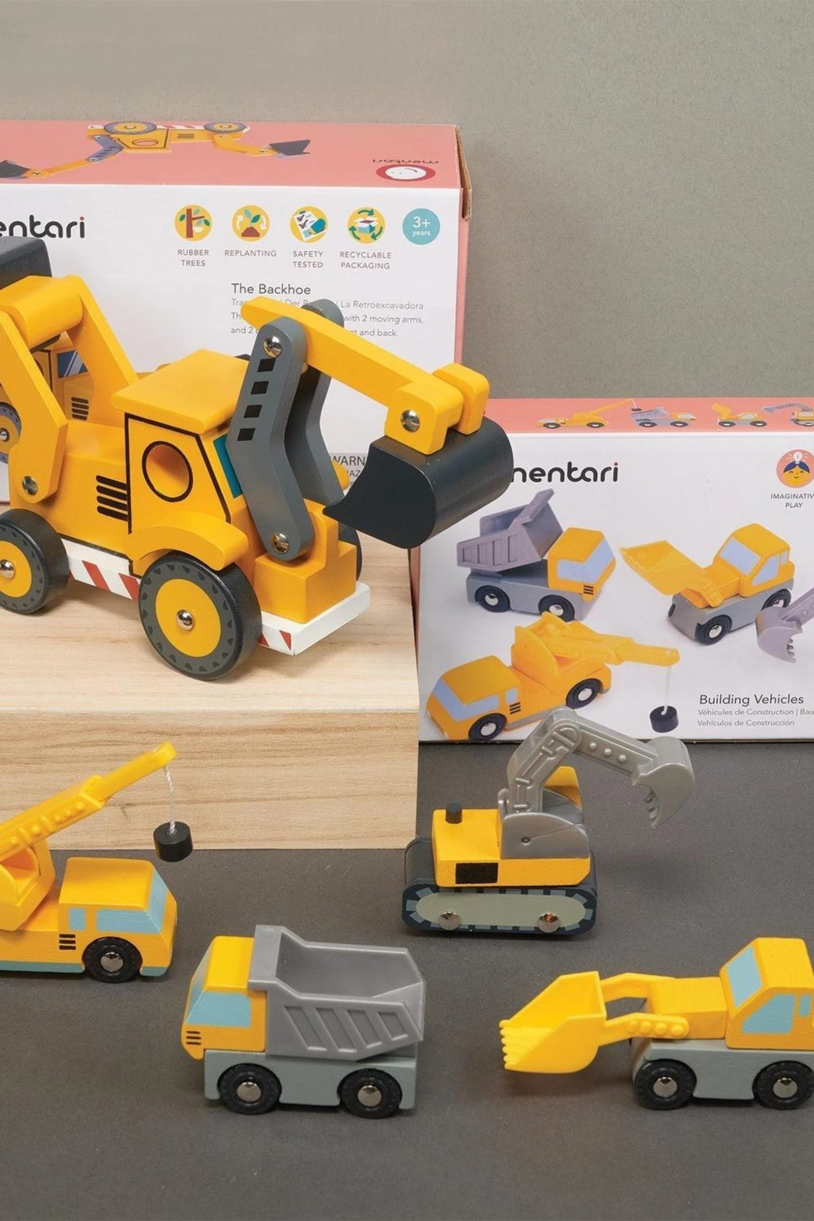 Mentari Wooden Toys, Construction Vehicles Bundle, Backhoe, Crane, Dump Truck, Excavator and Loader - Image 3
