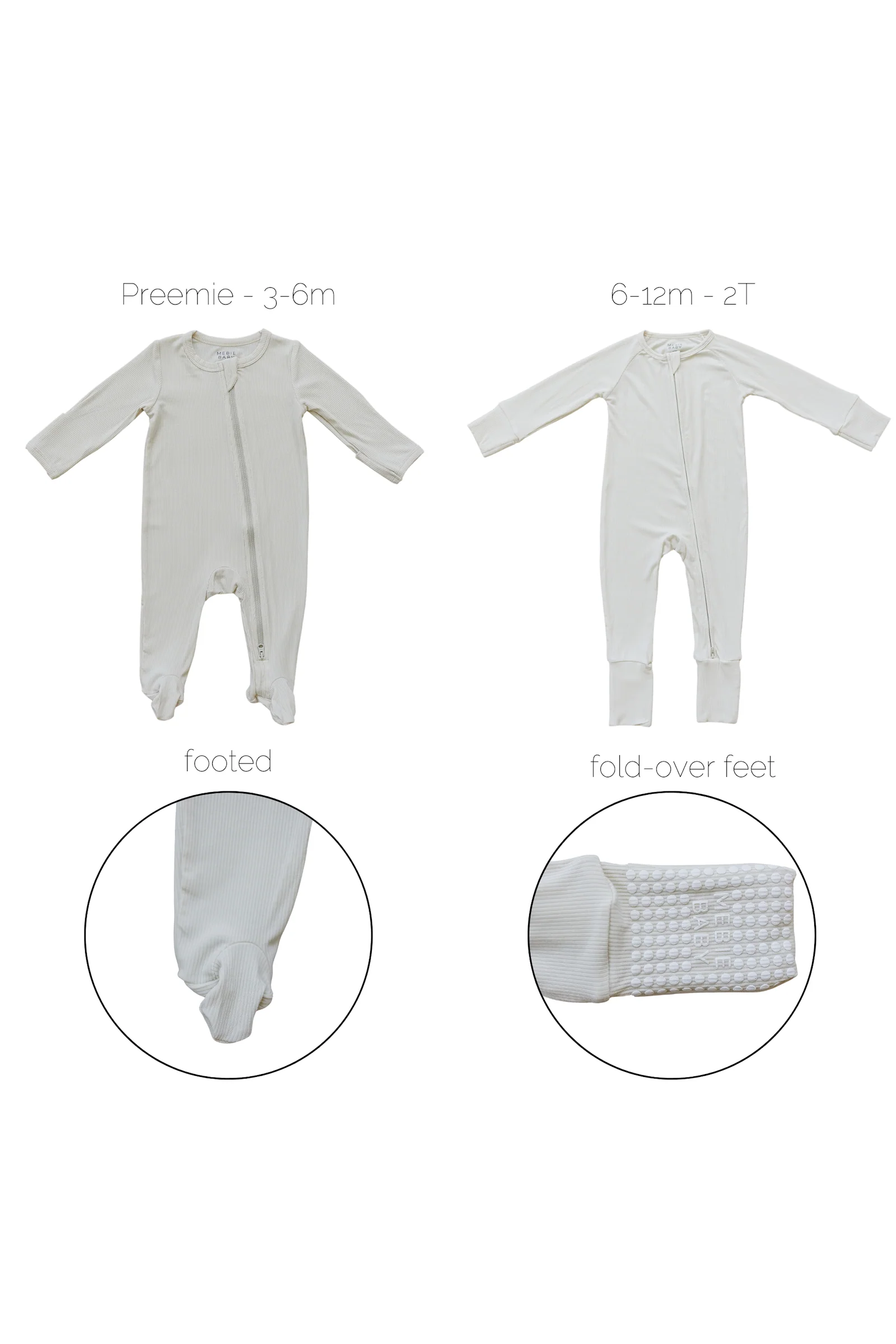 Mebie Baby Cream Ribbed Zipper Pajama, Bamboo, Preemie, Baby Essentials - Image 2