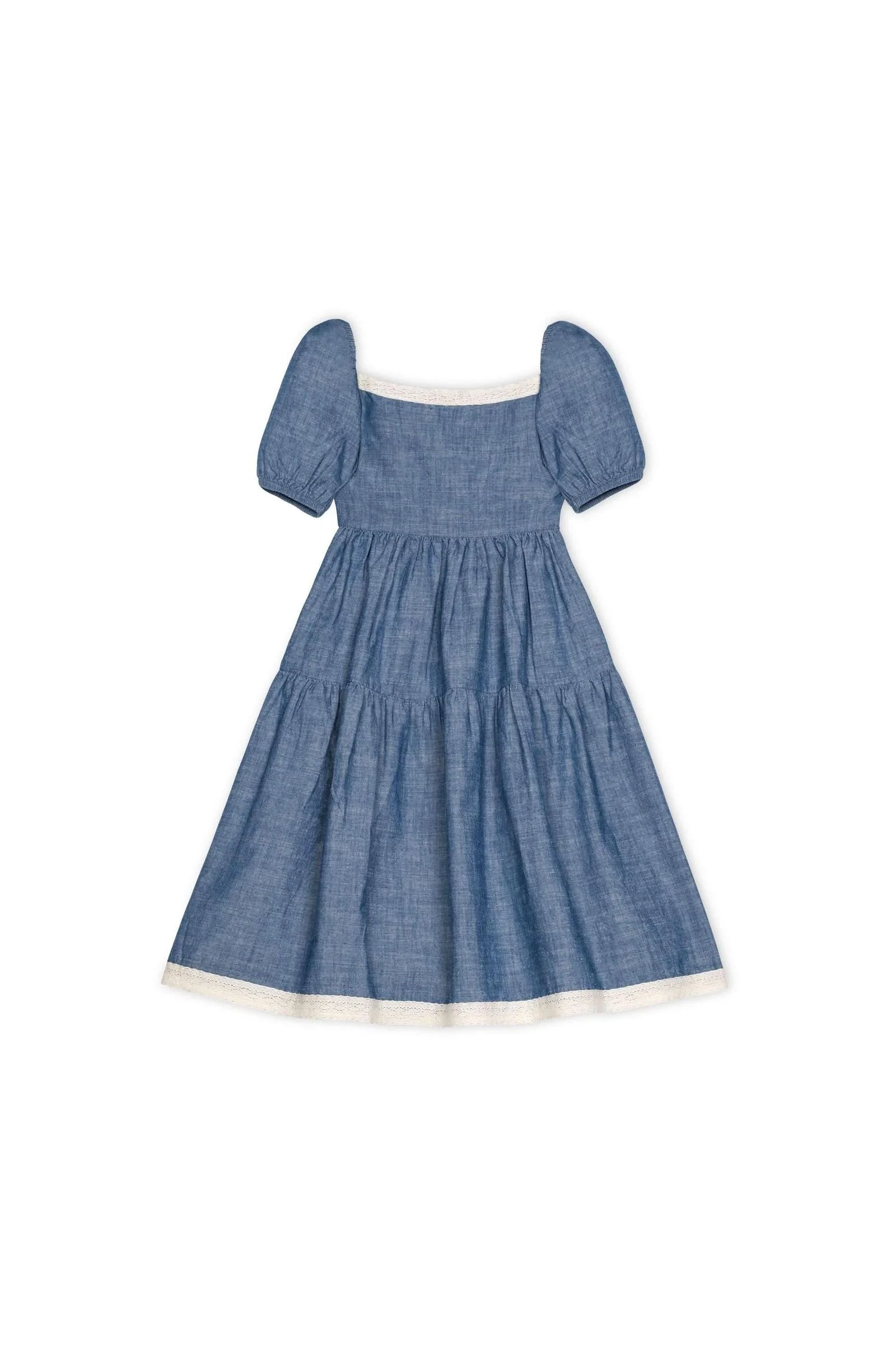 Hope & Henry Crochet Trim Organic Cotton Dress for Girls, Chambray, Toddler & Kids - Image 2