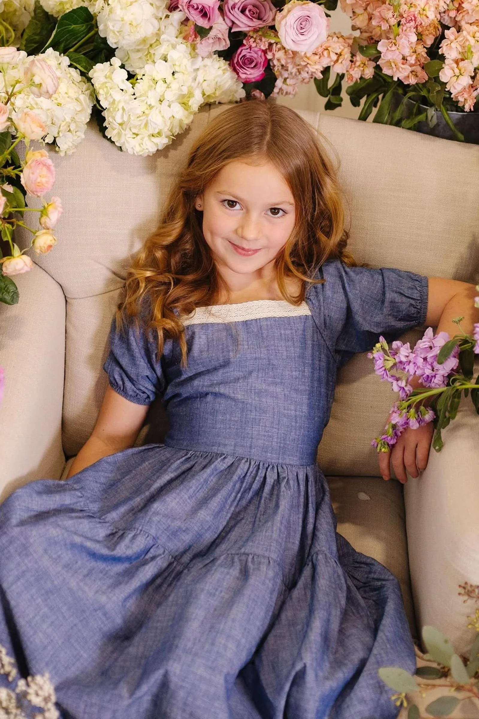 Hope & Henry Crochet Trim Organic Cotton Dress for Girls, Chambray, Toddler & Kids - Image 3
