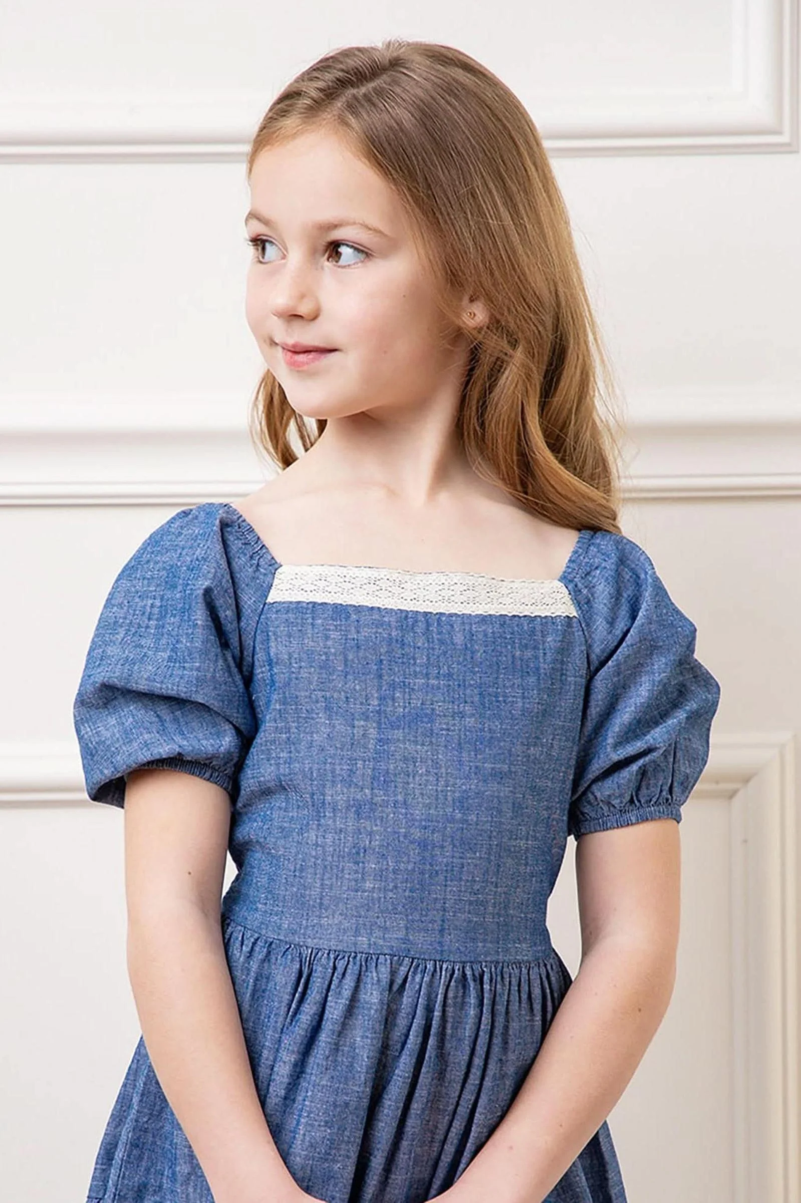 Hope & Henry Crochet Trim Organic Cotton Dress for Girls, Chambray, Toddler & Kids - Image 7