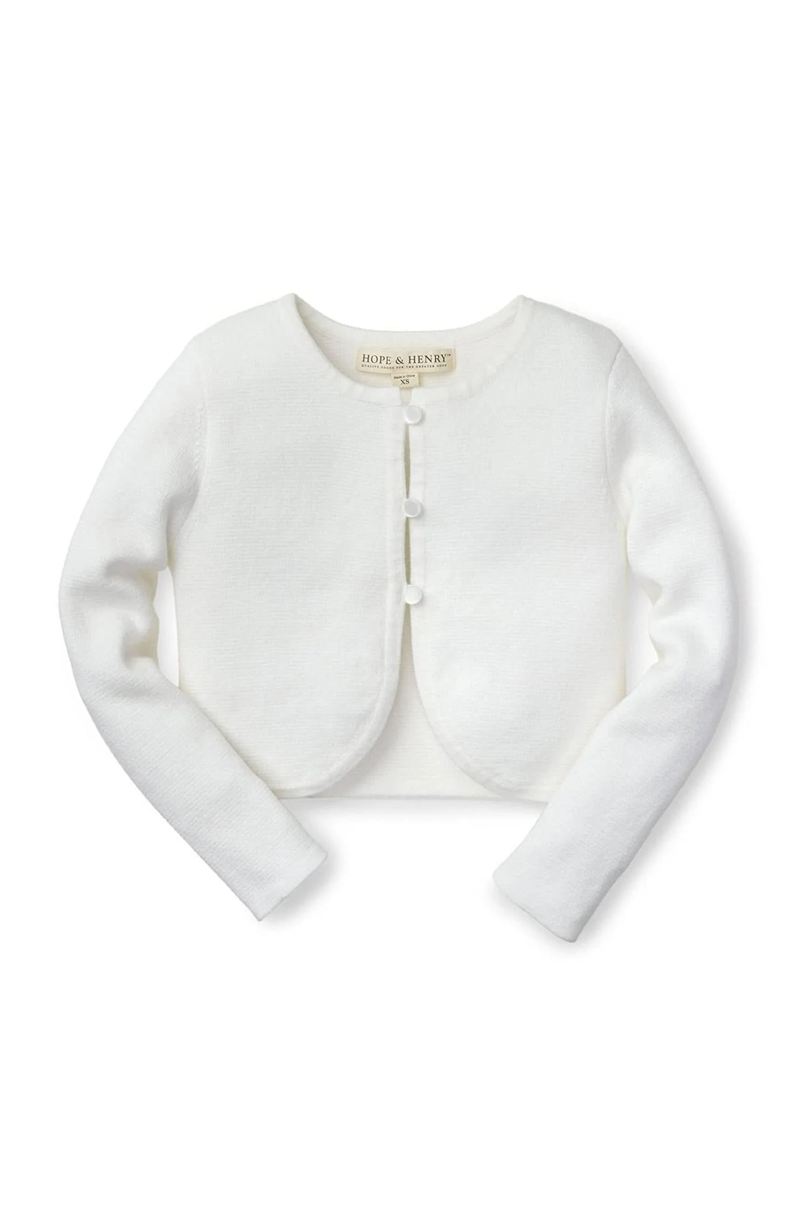 Hope & Henry  Organic Cotton Cropped Curved Hem Cardigan for Baby Girls, White - Image 2