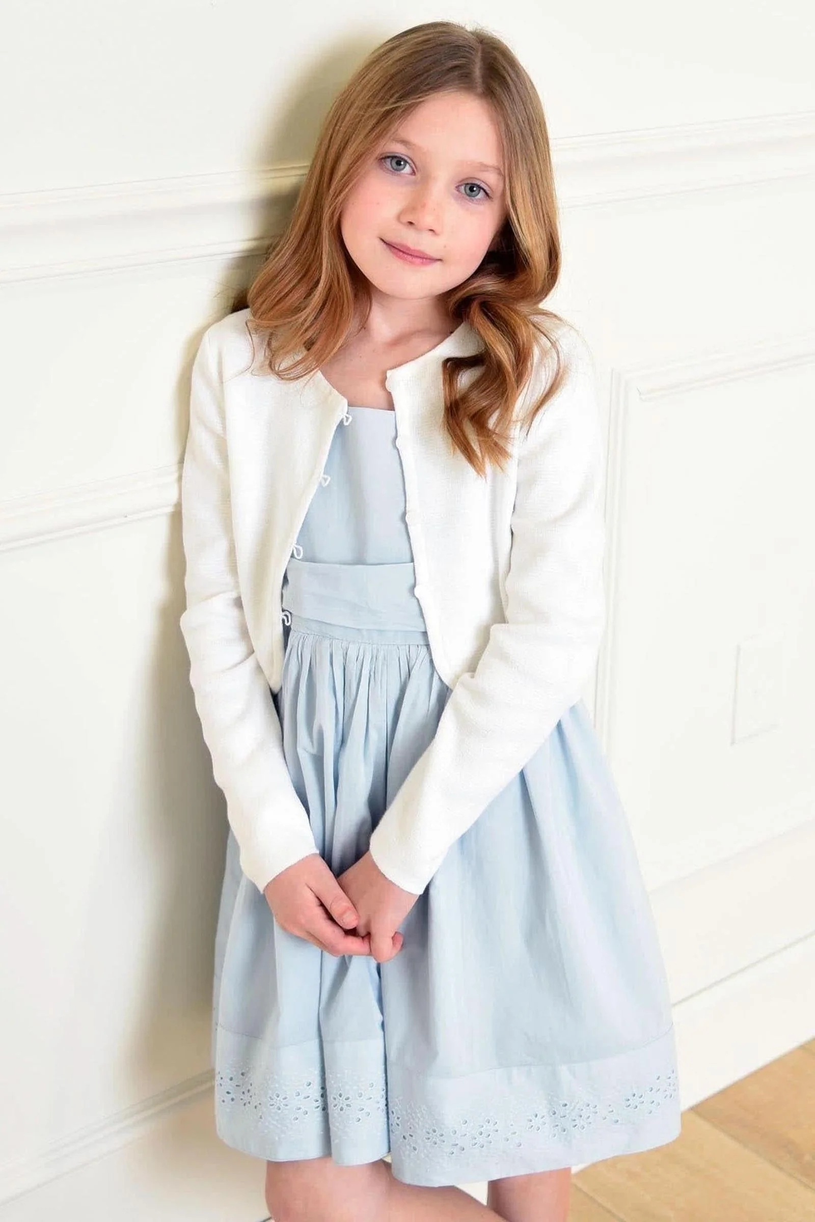 Hope & Henry  Organic Cotton Cropped Curved Hem Cardigan for Baby Girls, White - Image 3