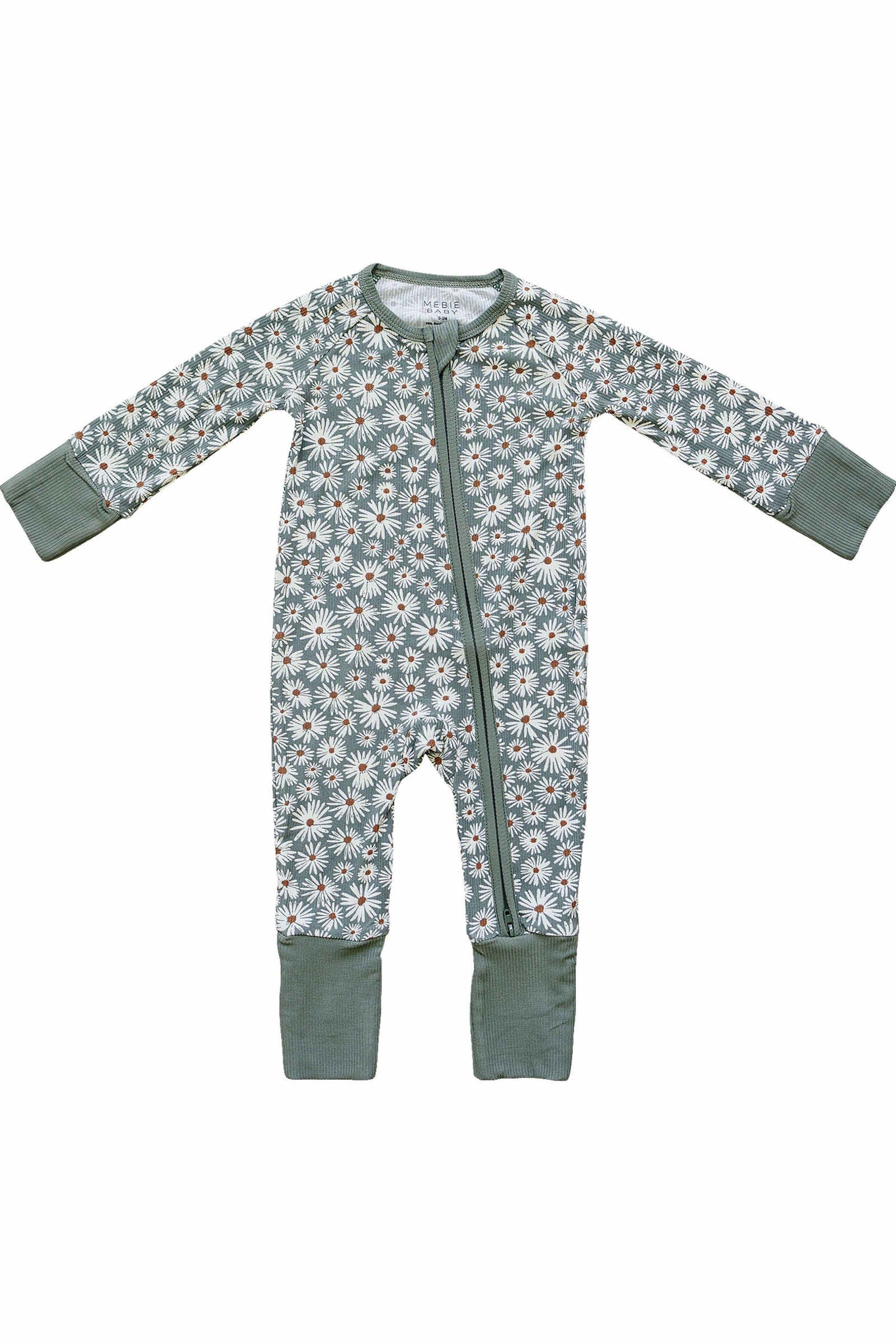 Mebie Baby Dark Green Daisy Ribbed Zipper Pajama, Bamboo, Baby Essentials - Image 2
