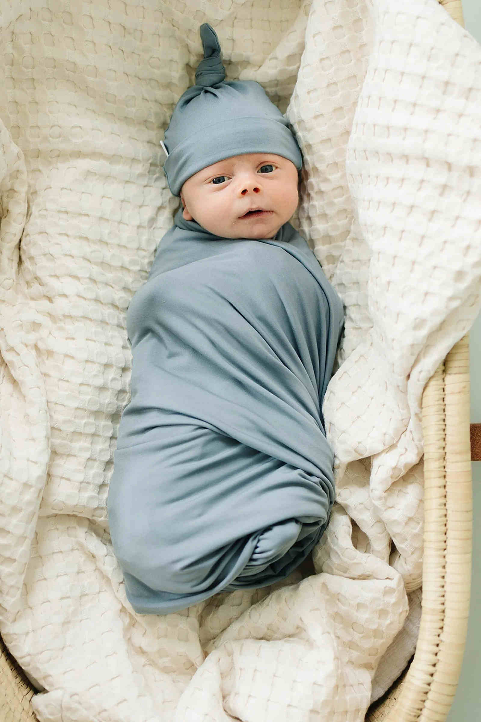 Mebie Baby Dusty Blue Stretch Swaddle Blanket, Bamboo, Baby Essentials - Image 3