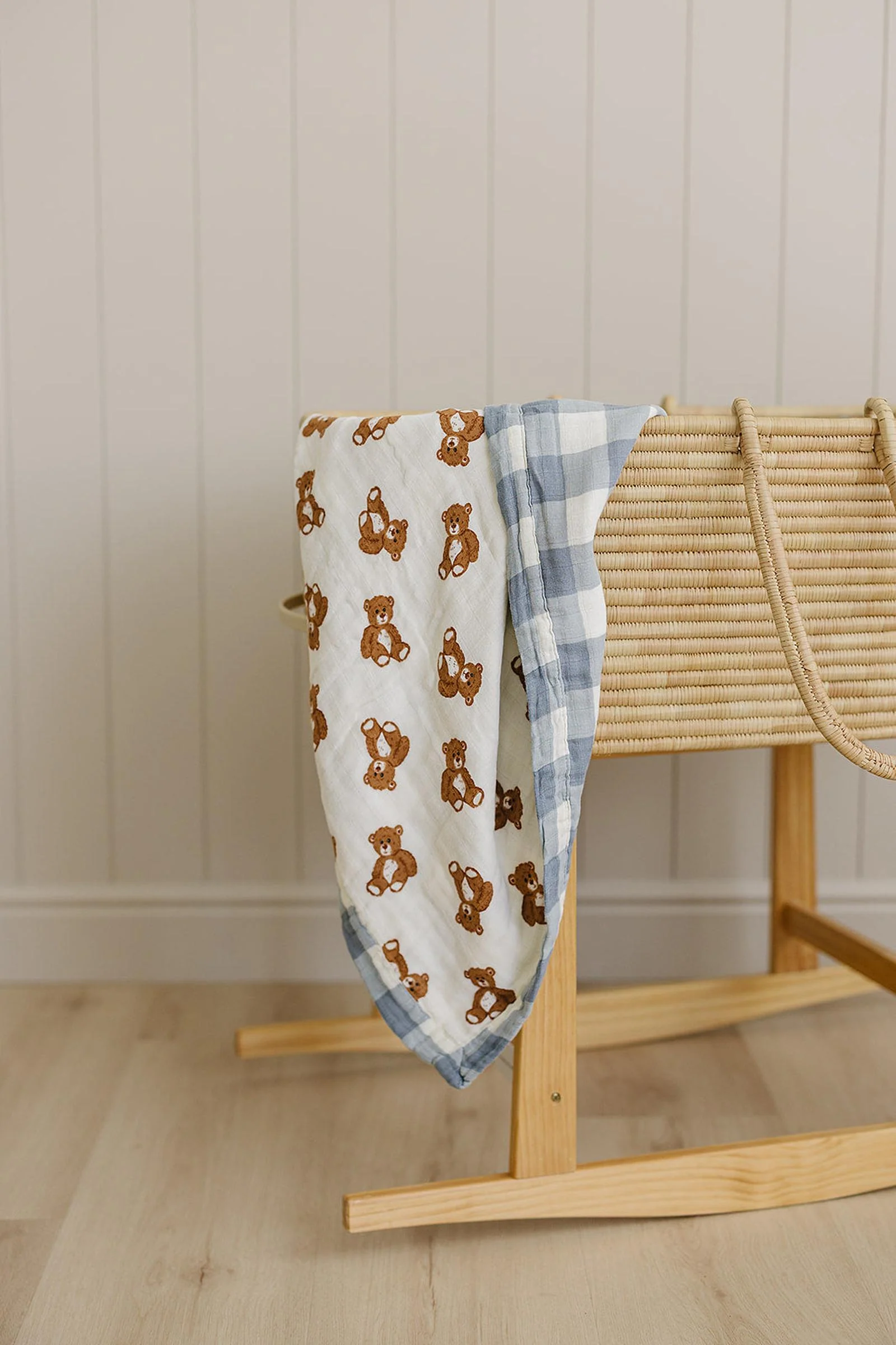Mebie Baby Dusty Blue Gingham + Teddy Bear Muslin Crib Quilt, 100% Cotton, Baby Essentials
