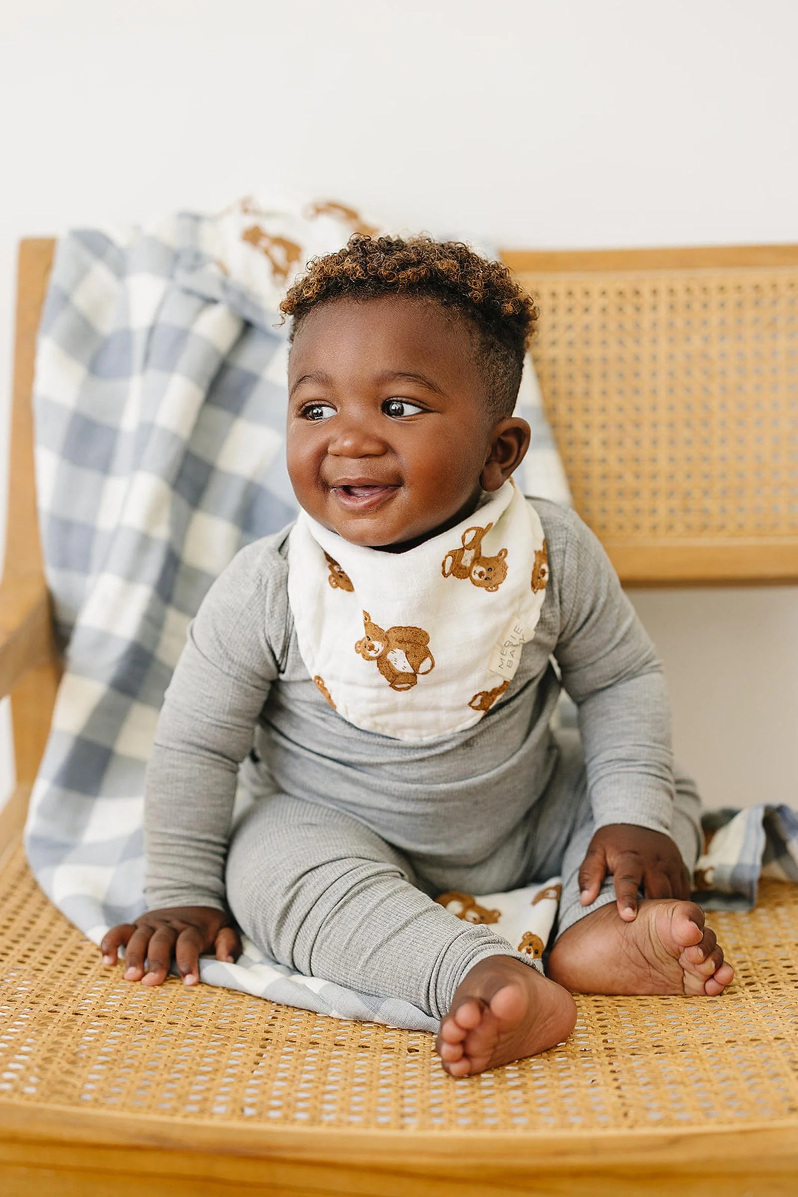 Mebie Baby Dusty Blue Gingham + Teddy Bear Muslin Crib Quilt, 100% Cotton, Baby Essentials - Image 3