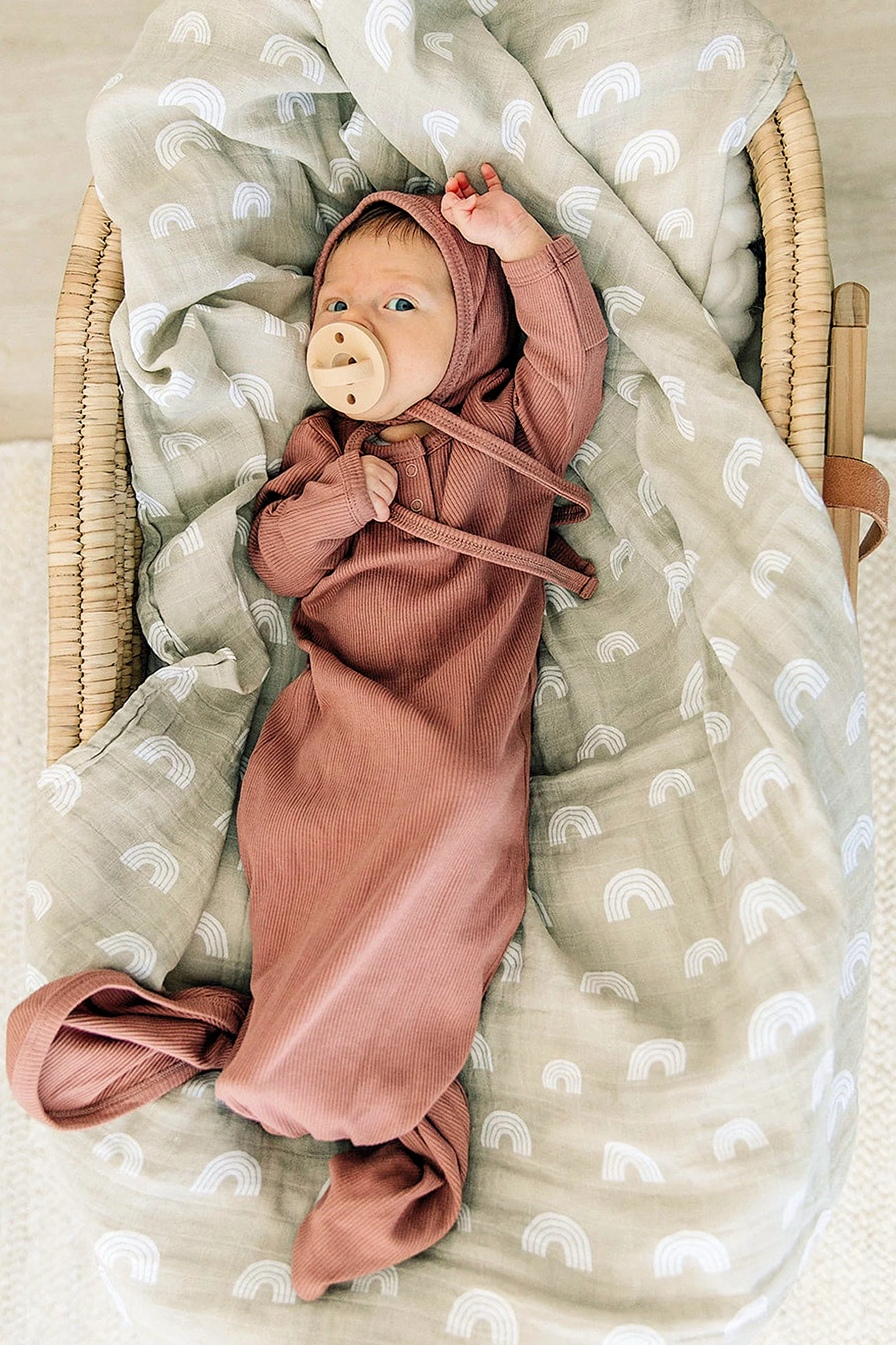 Mebie Baby Dusty Rose Ribbed Knot Gown, Baby Essentials, Organic Cotton - Image 3
