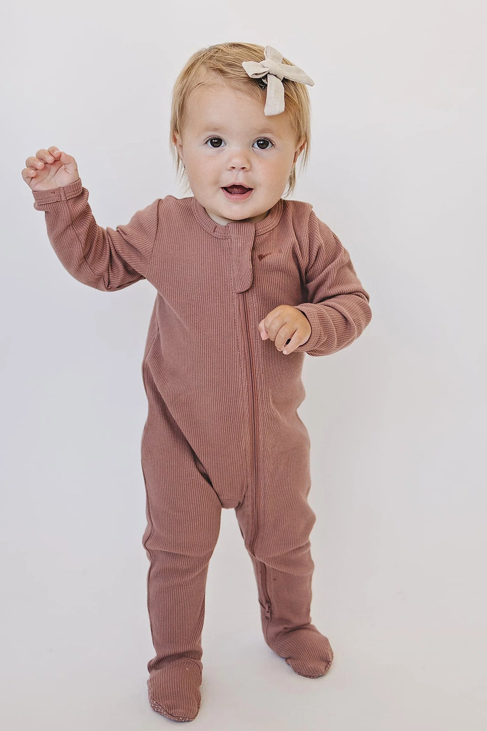 Mebie Baby Dusty Rose Ribbed Zipper Footed Pajama, Baby Essentials, Organic Cotton - Image 8