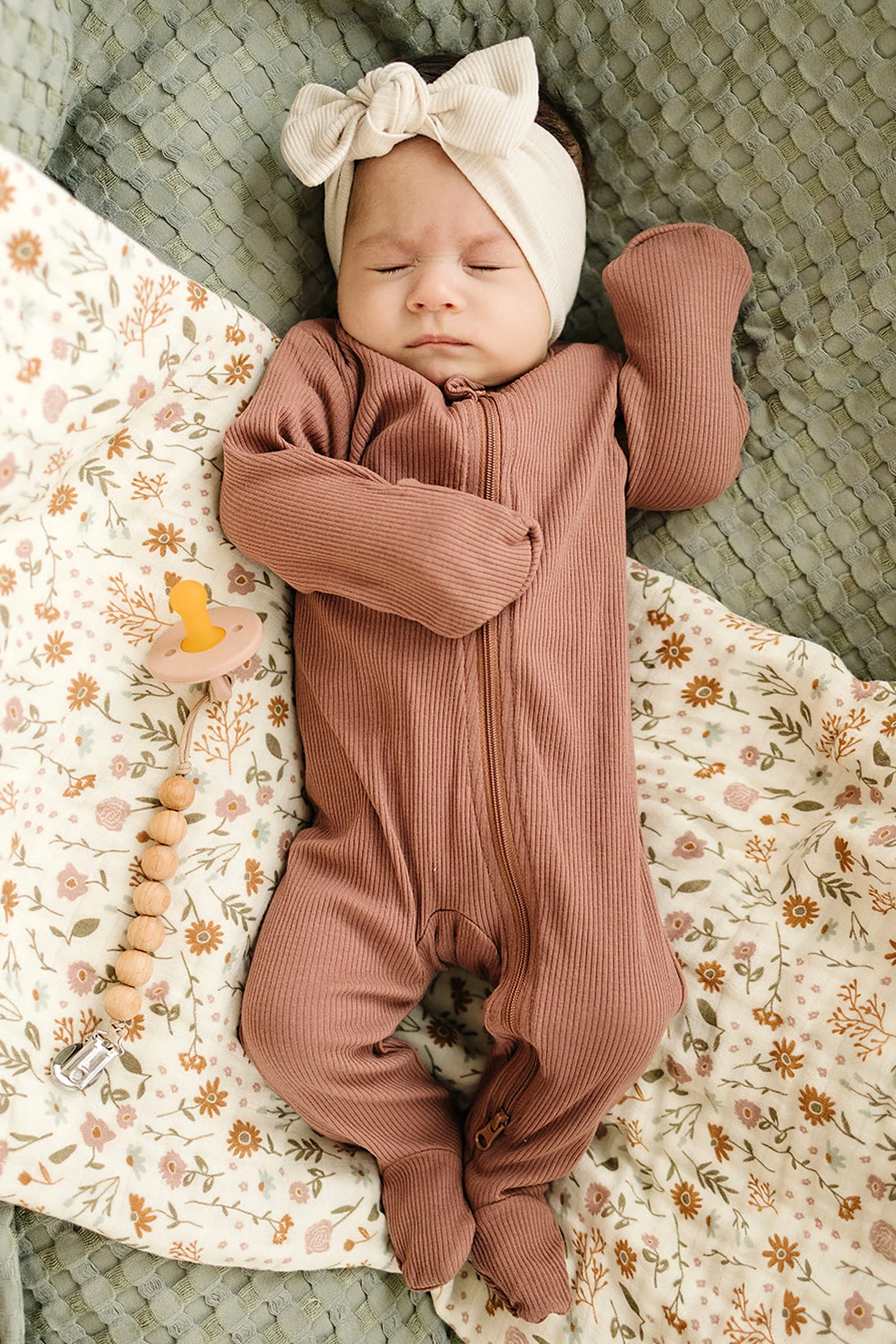 Mebie Baby Dusty Rose Ribbed Zipper Footed Pajama, Baby Essentials, Organic Cotton - Image 9